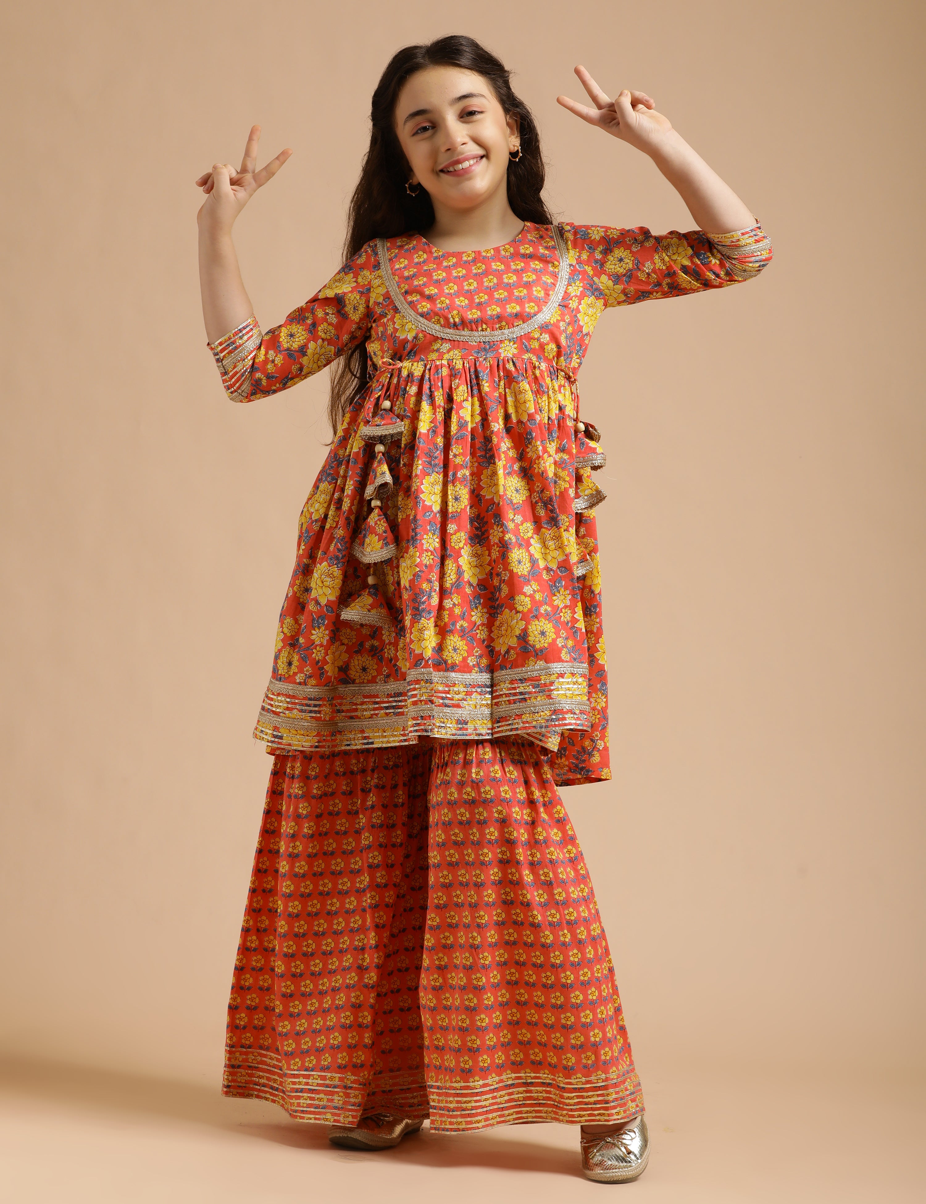 Girls Pure Cotton Floral Embroidered Anarkali Kurta With Sharara