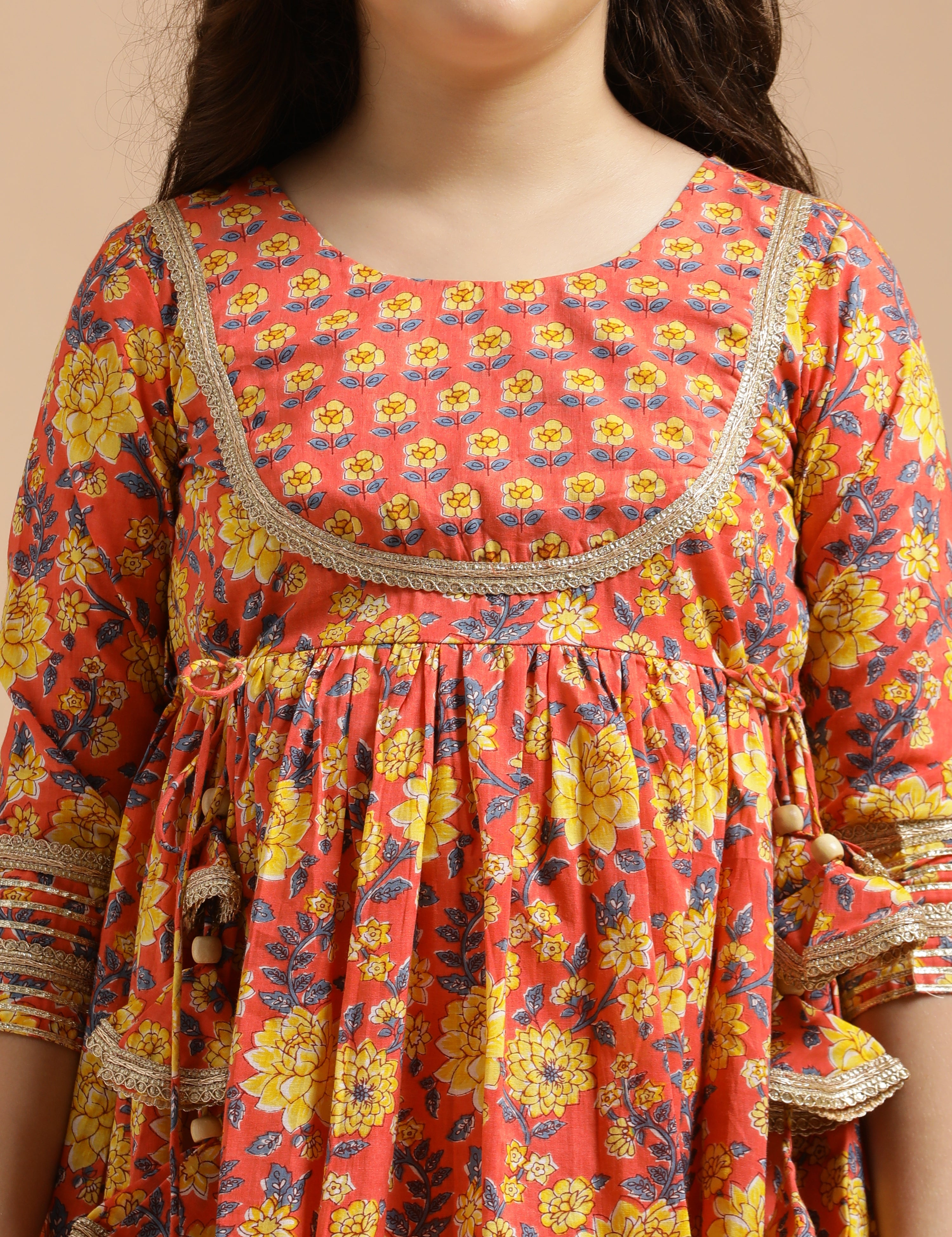 Girls Pure Cotton Floral Embroidered Anarkali Kurta With Sharara