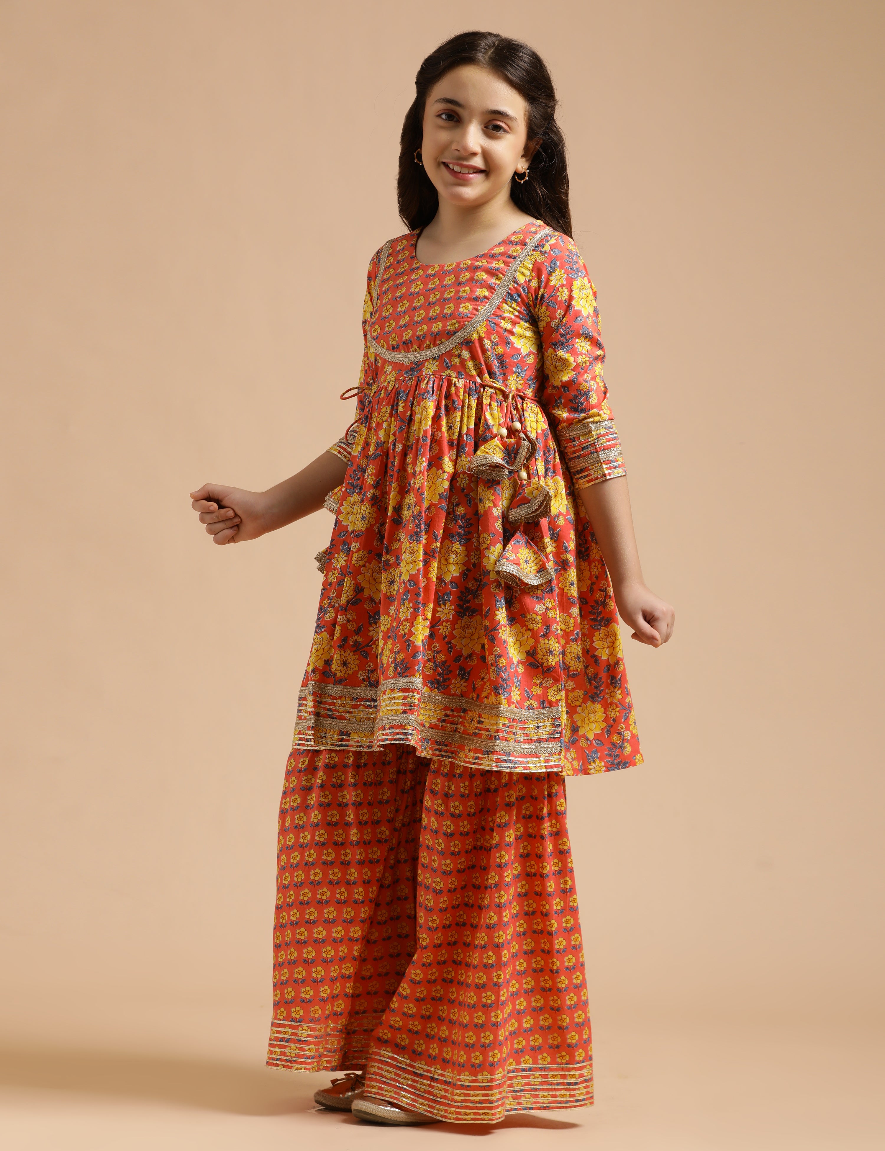 Girls Pure Cotton Floral Embroidered Anarkali Kurta With Sharara