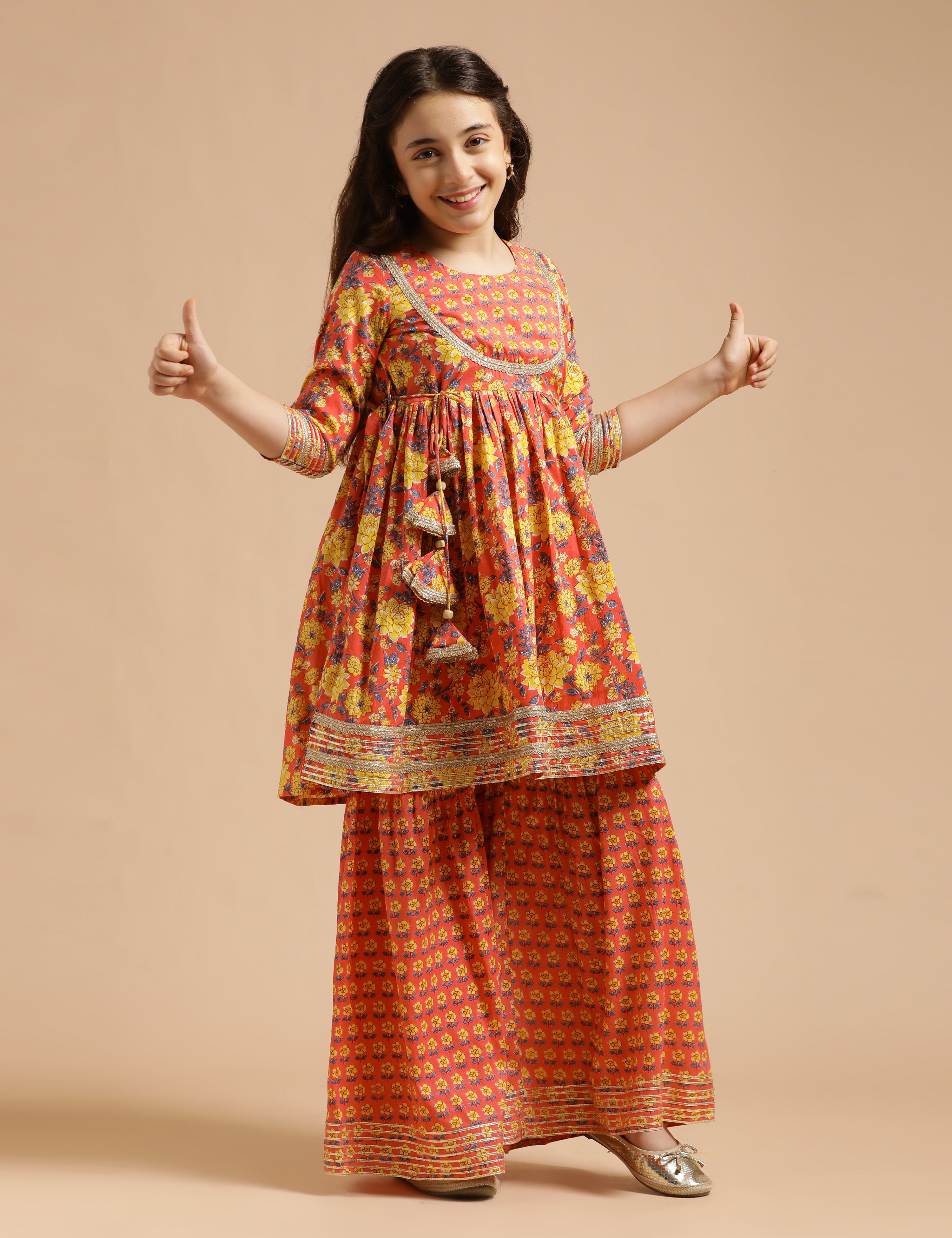 Girls Pure Cotton Floral Embroidered Anarkali Kurta With Sharara