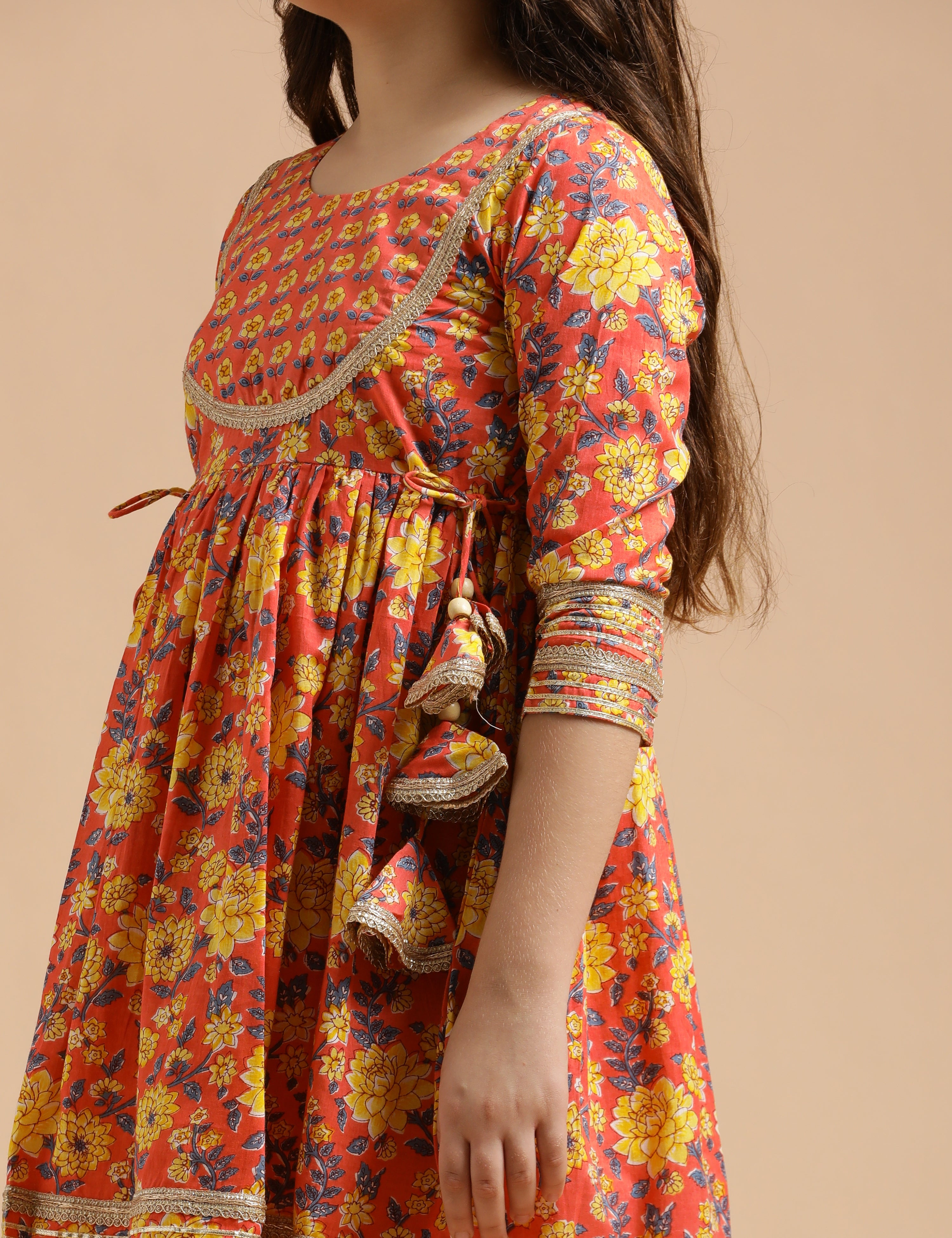 Girls Pure Cotton Floral Embroidered Anarkali Kurta With Sharara