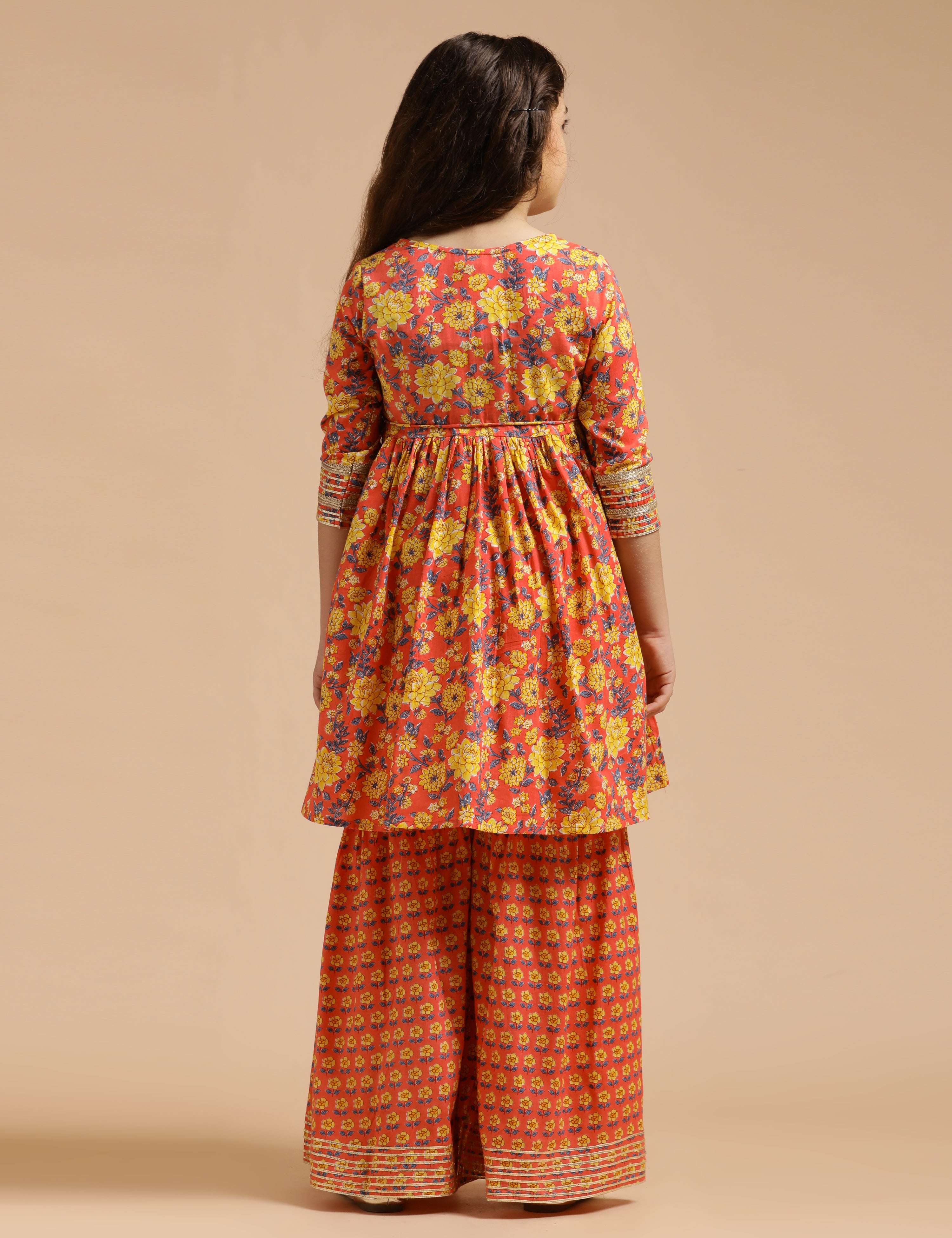 Girls Pure Cotton Floral Embroidered Anarkali Kurta With Sharara