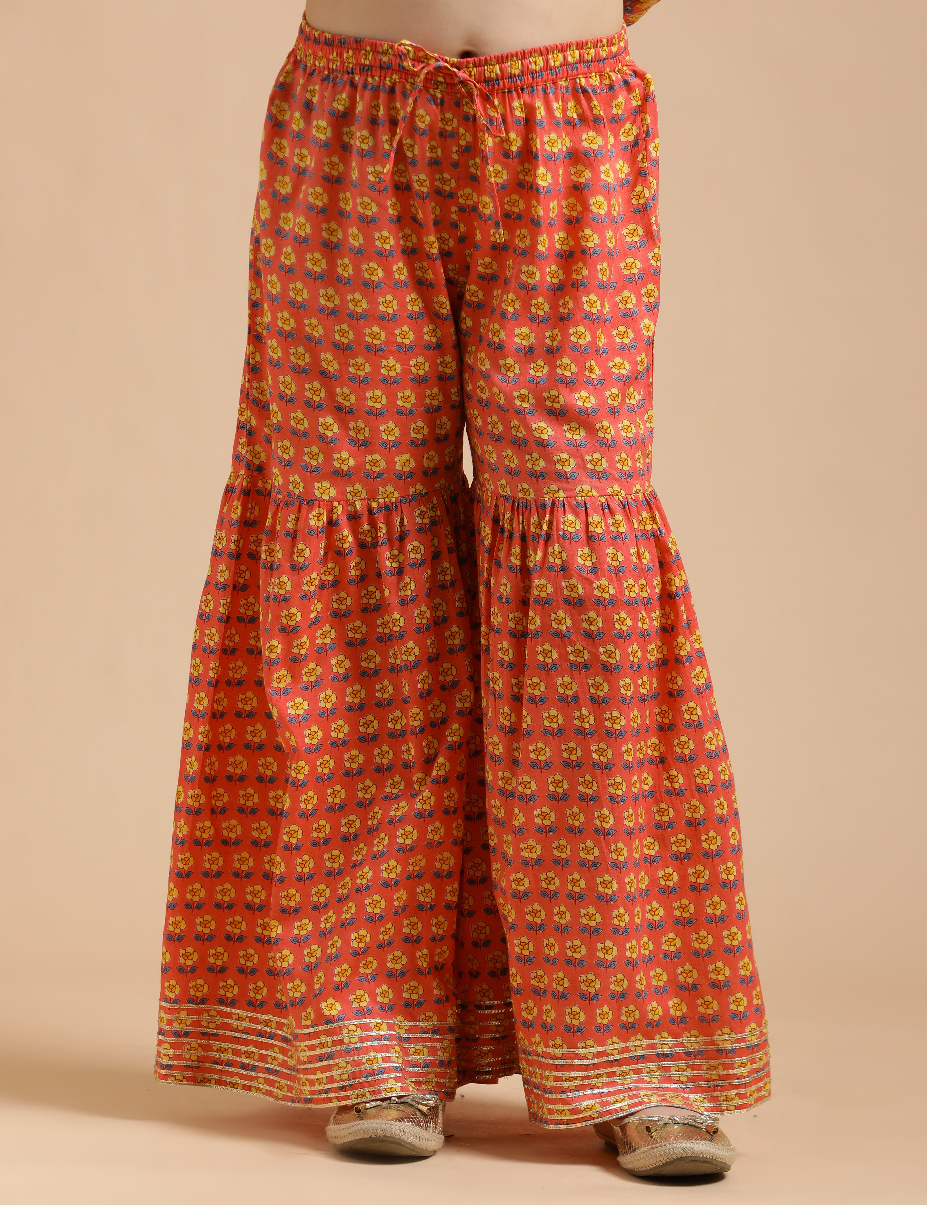 Girls Pure Cotton Floral Embroidered Anarkali Kurta With Sharara