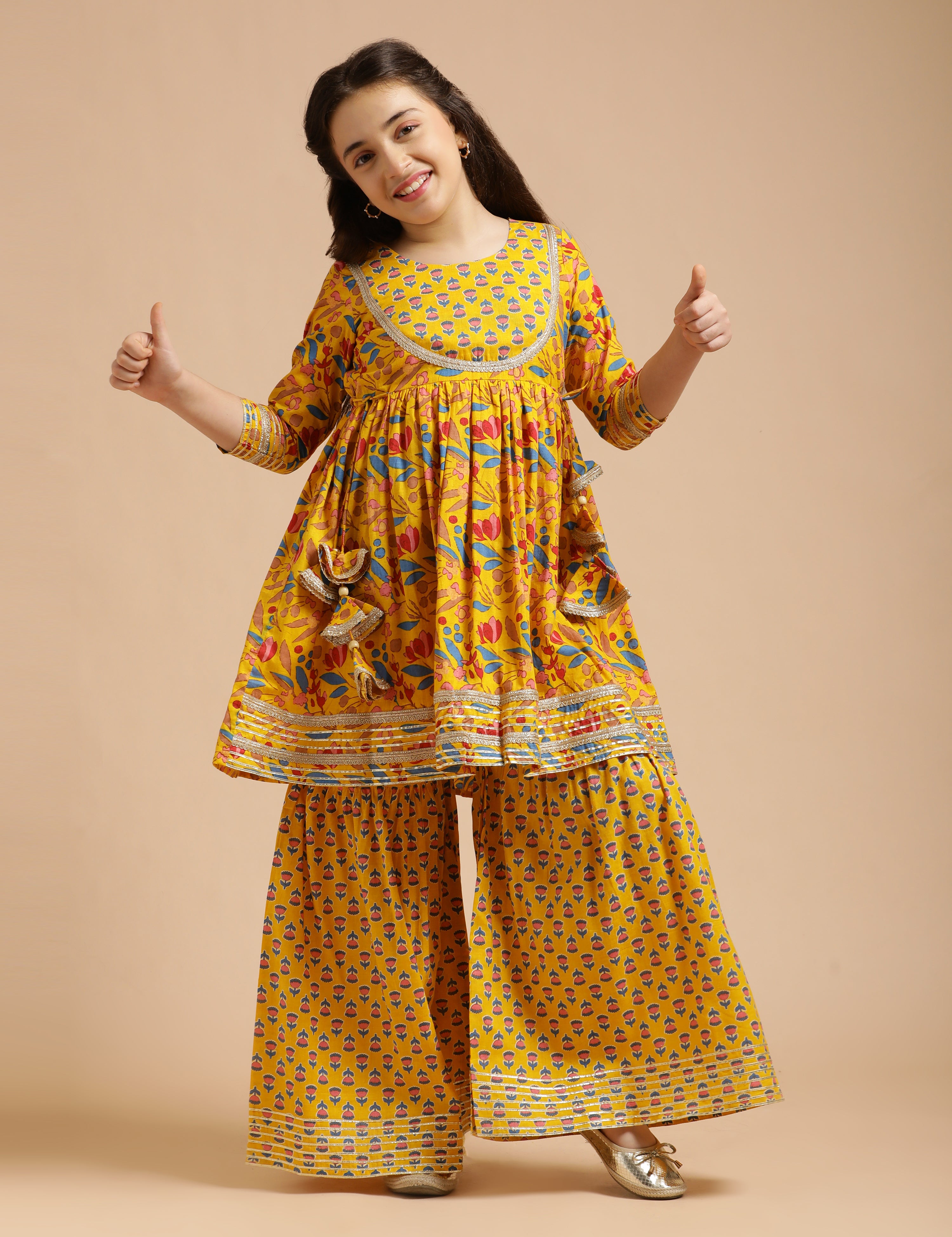 Girls Pure Cotton Floral Embroidered Anarkali Kurta With Sharara