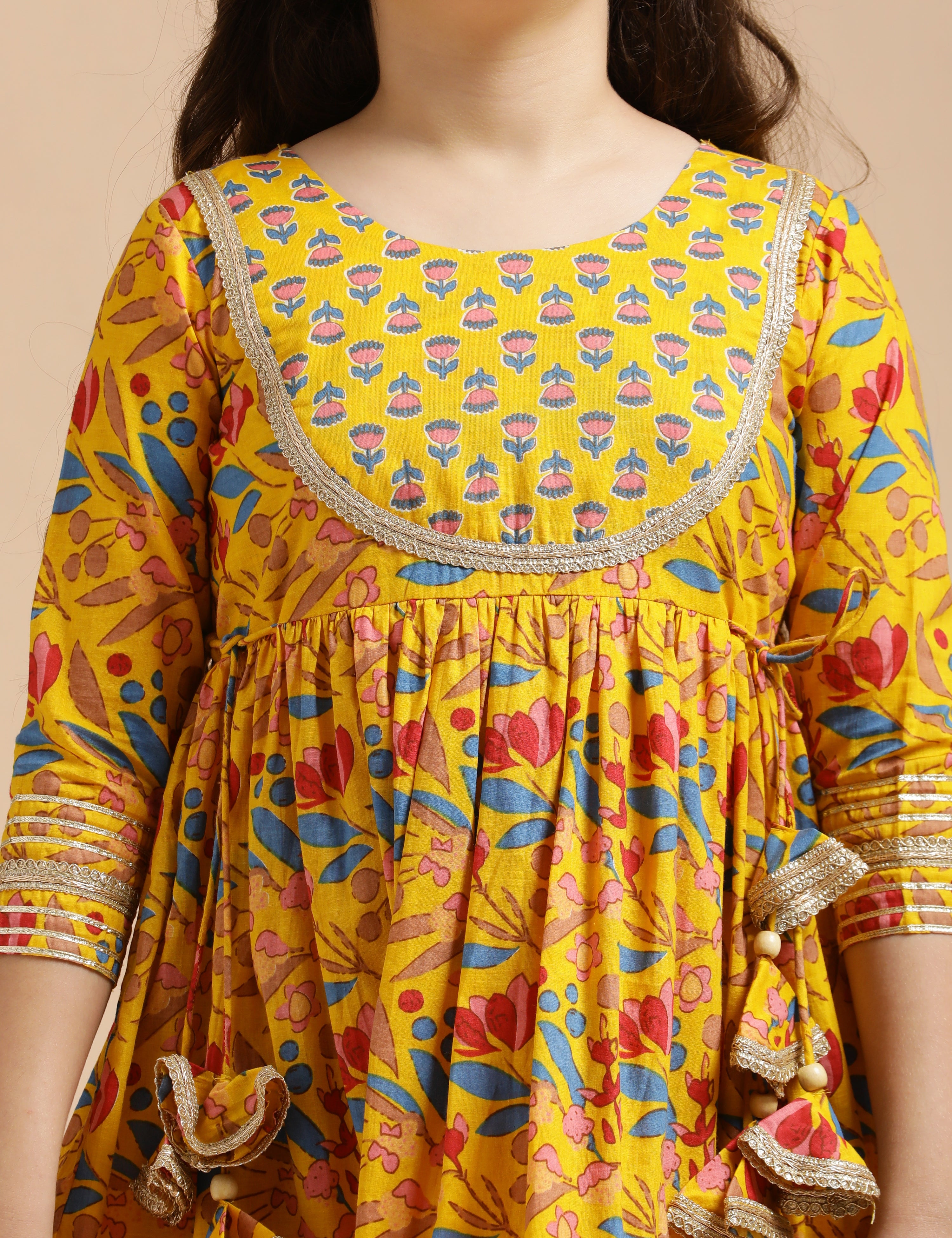 Girls Pure Cotton Floral Embroidered Anarkali Kurta With Sharara