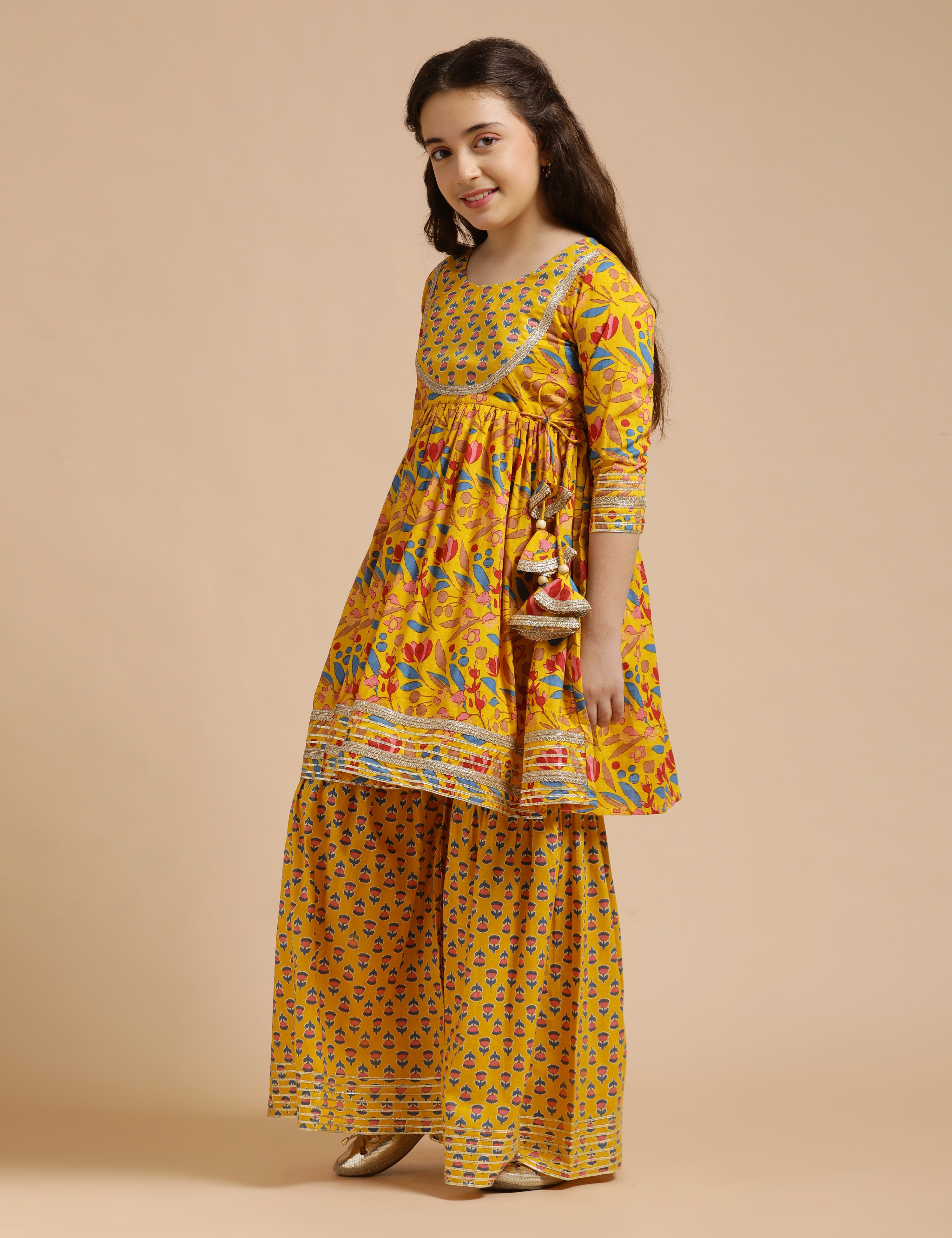 Girls Pure Cotton Floral Embroidered Anarkali Kurta With Sharara