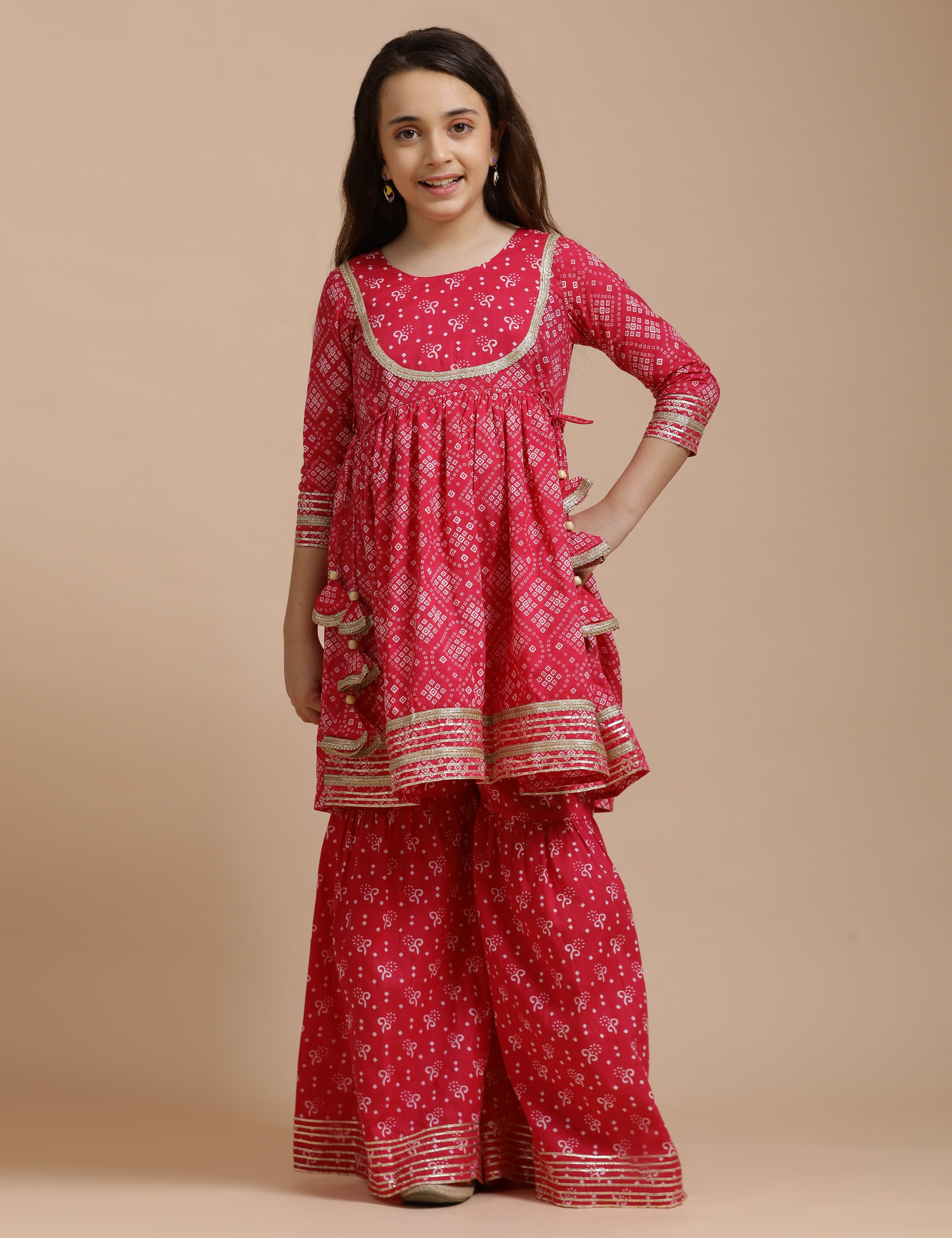 Girls Pure Cotton Floral Embroidered Anarkali Kurta With Sharara