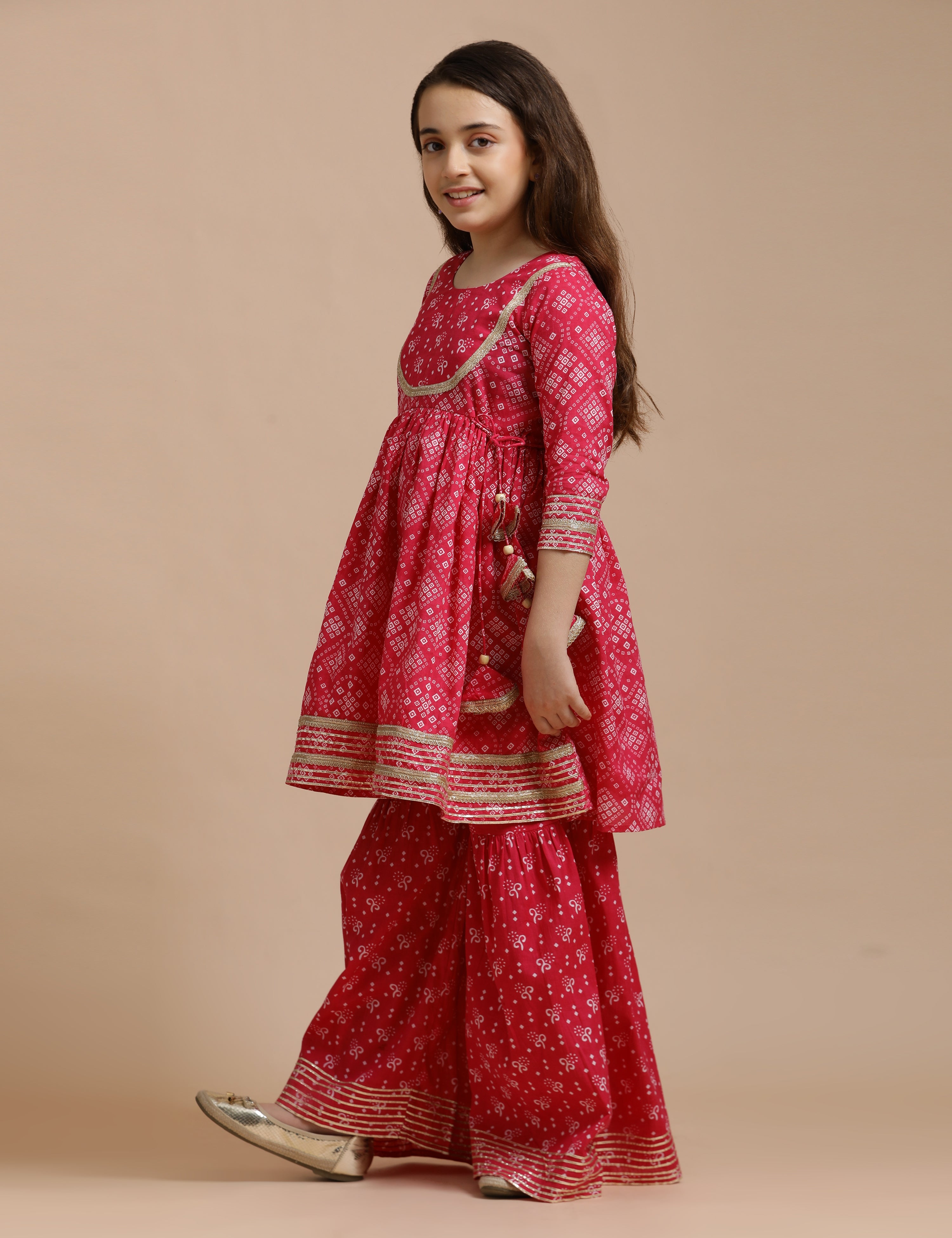 Girls Pure Cotton Floral Embroidered Anarkali Kurta With Sharara