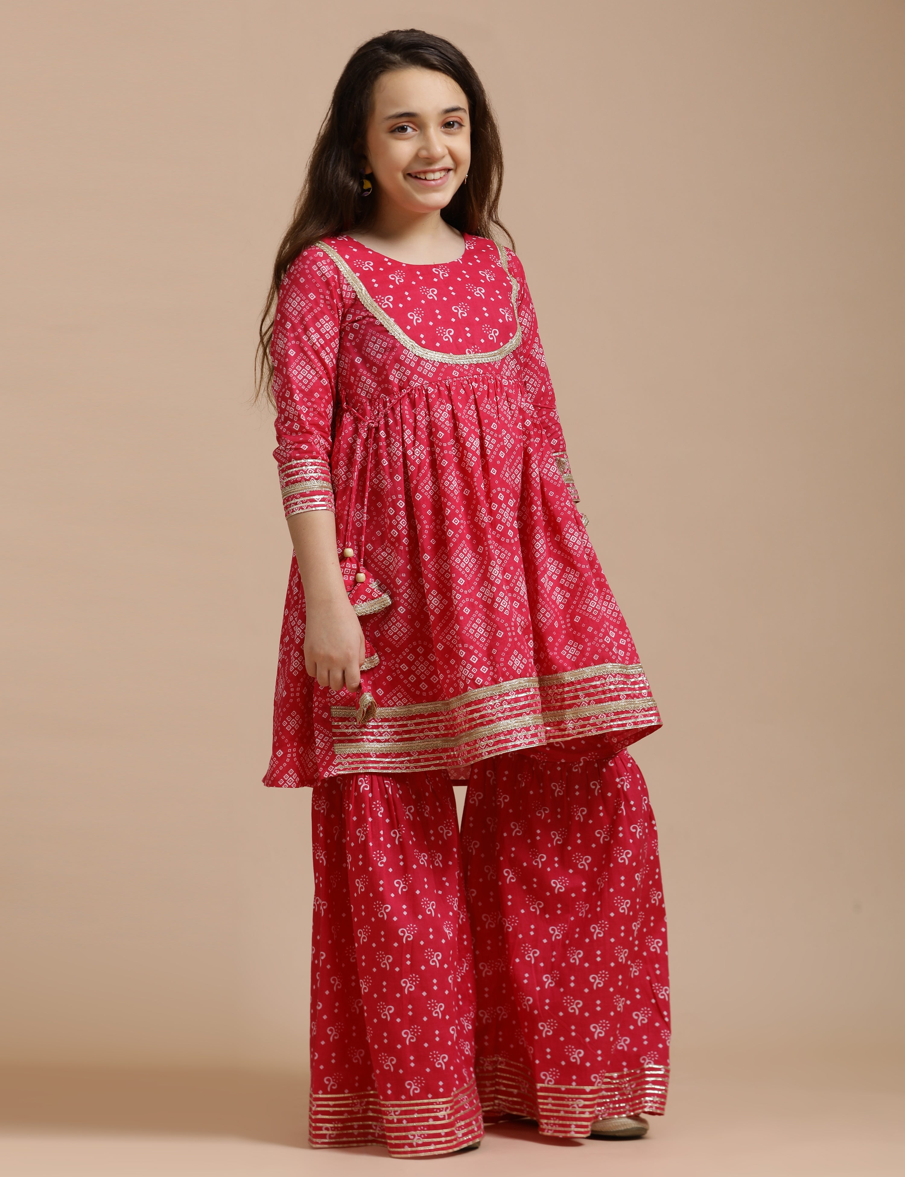 Girls Pure Cotton Floral Embroidered Anarkali Kurta With Sharara