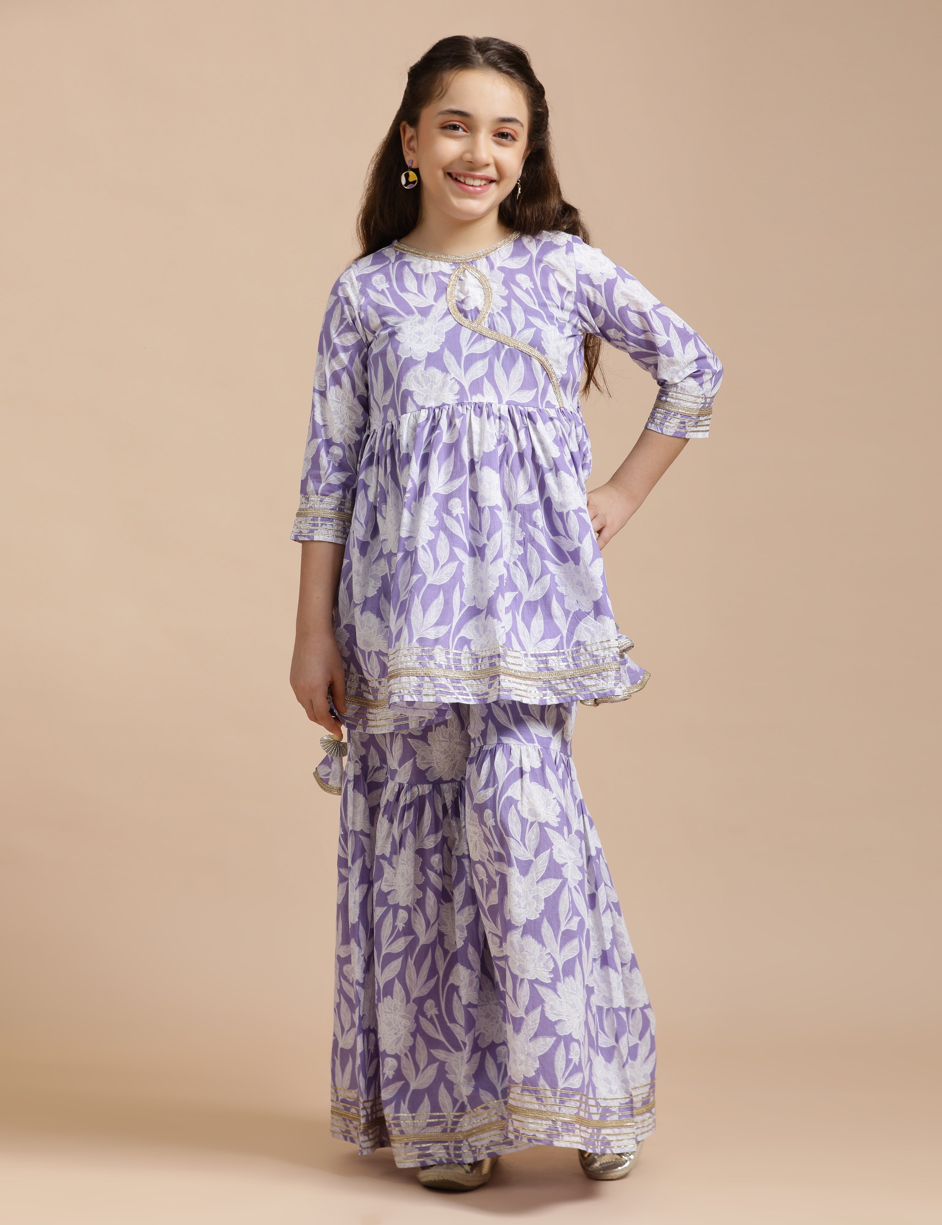 Girls Pure Cotton Floral Embroidered Anarkali Kurta With Sharara