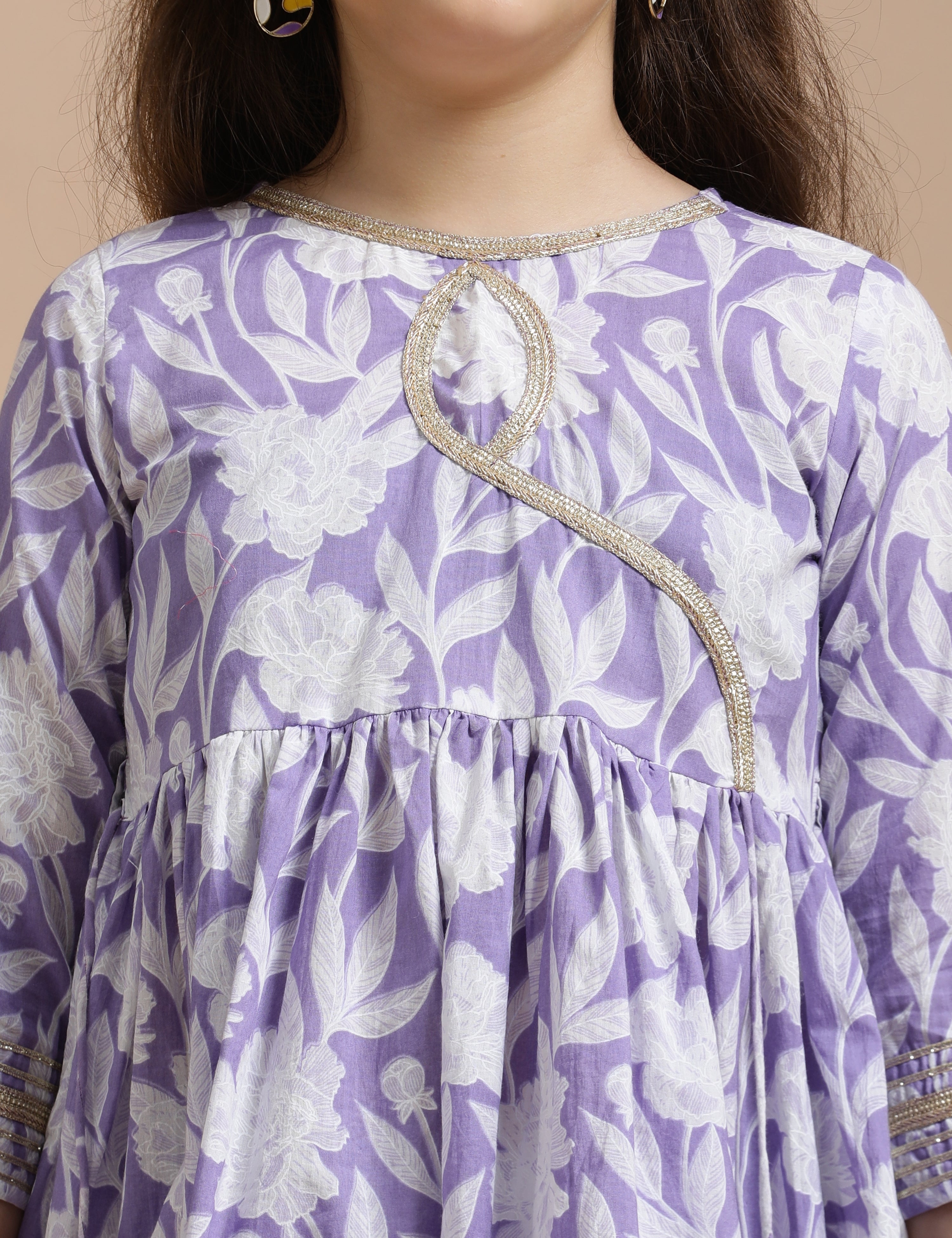 Girls Pure Cotton Floral Embroidered Anarkali Kurta With Sharara