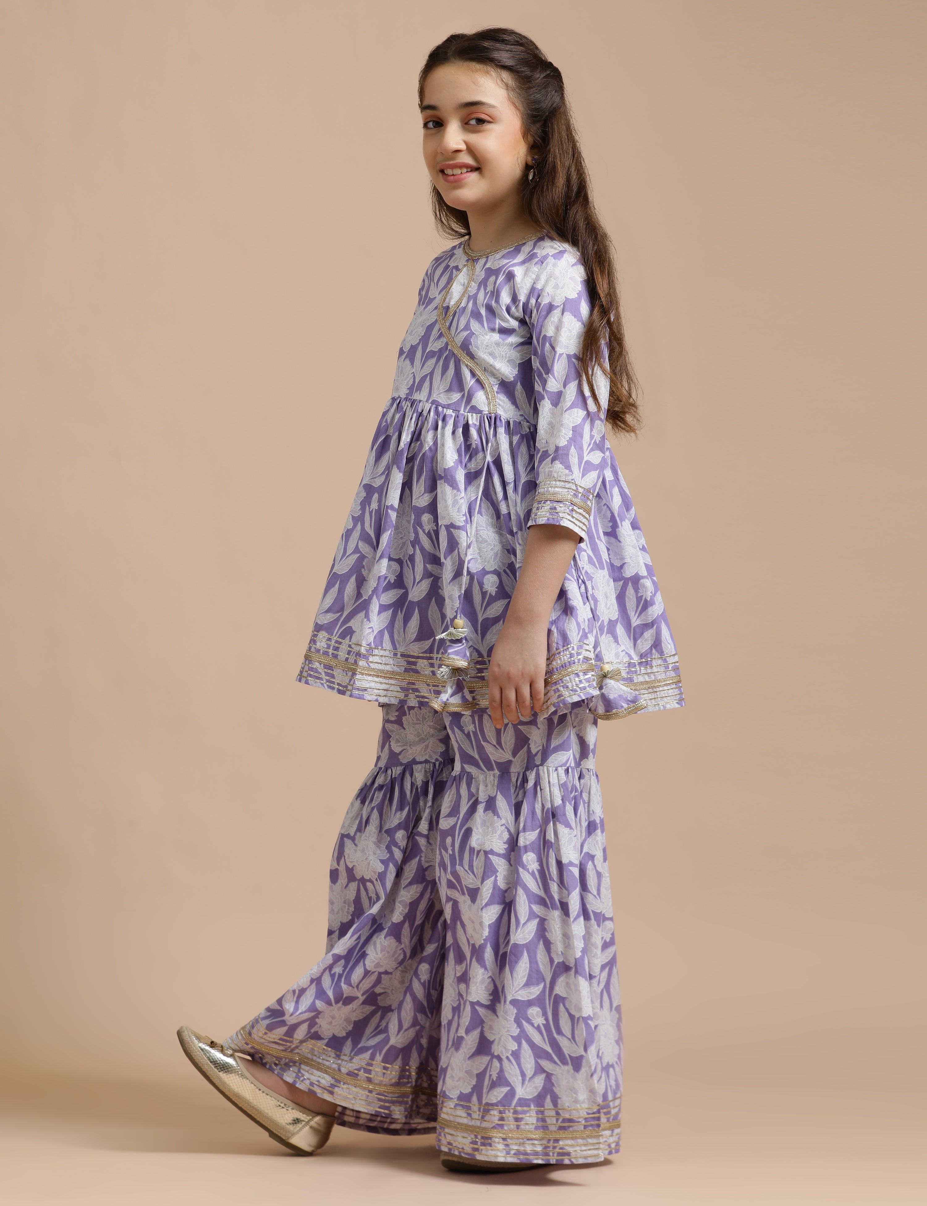 Girls Pure Cotton Floral Embroidered Anarkali Kurta With Sharara