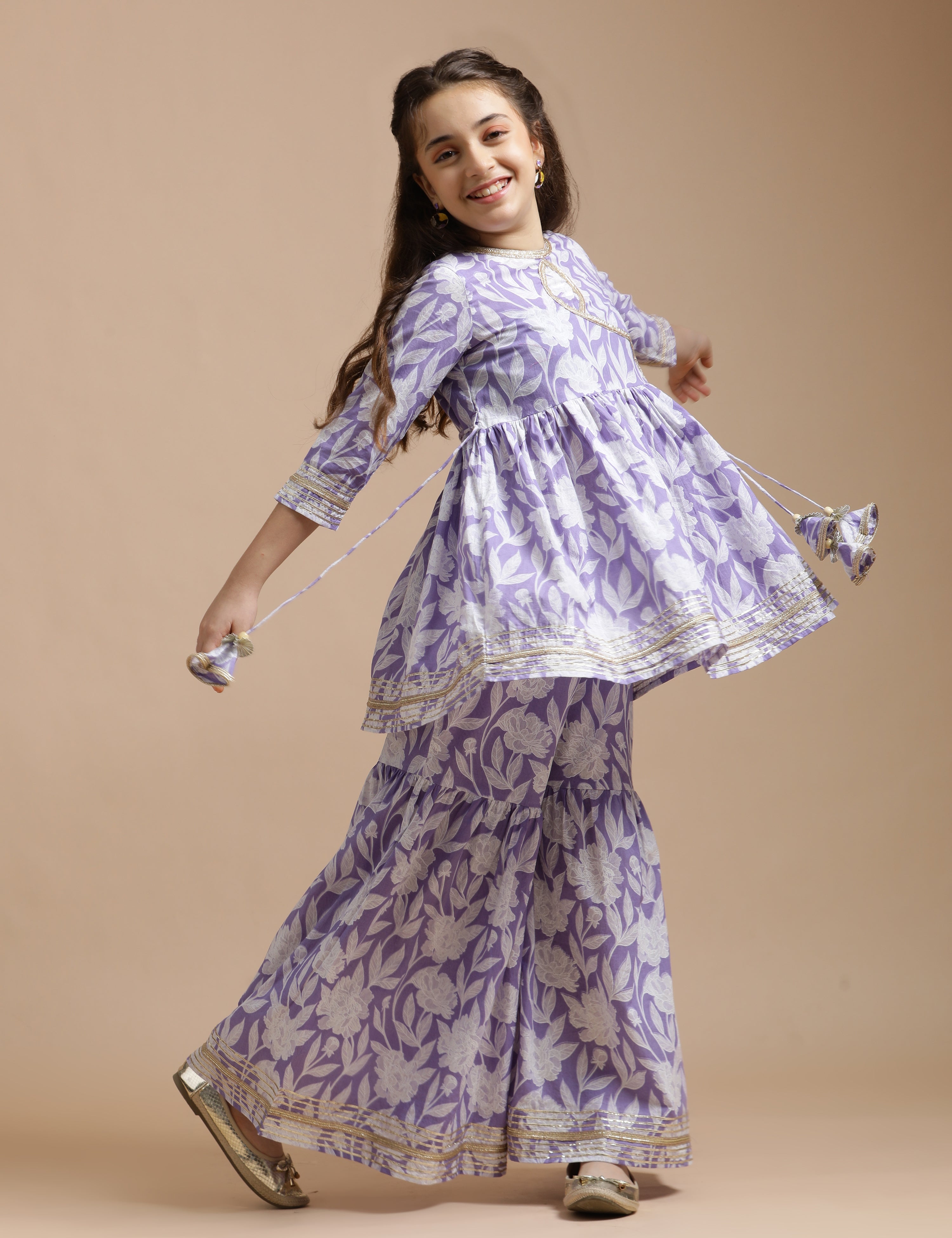 Girls Pure Cotton Floral Embroidered Anarkali Kurta With Sharara