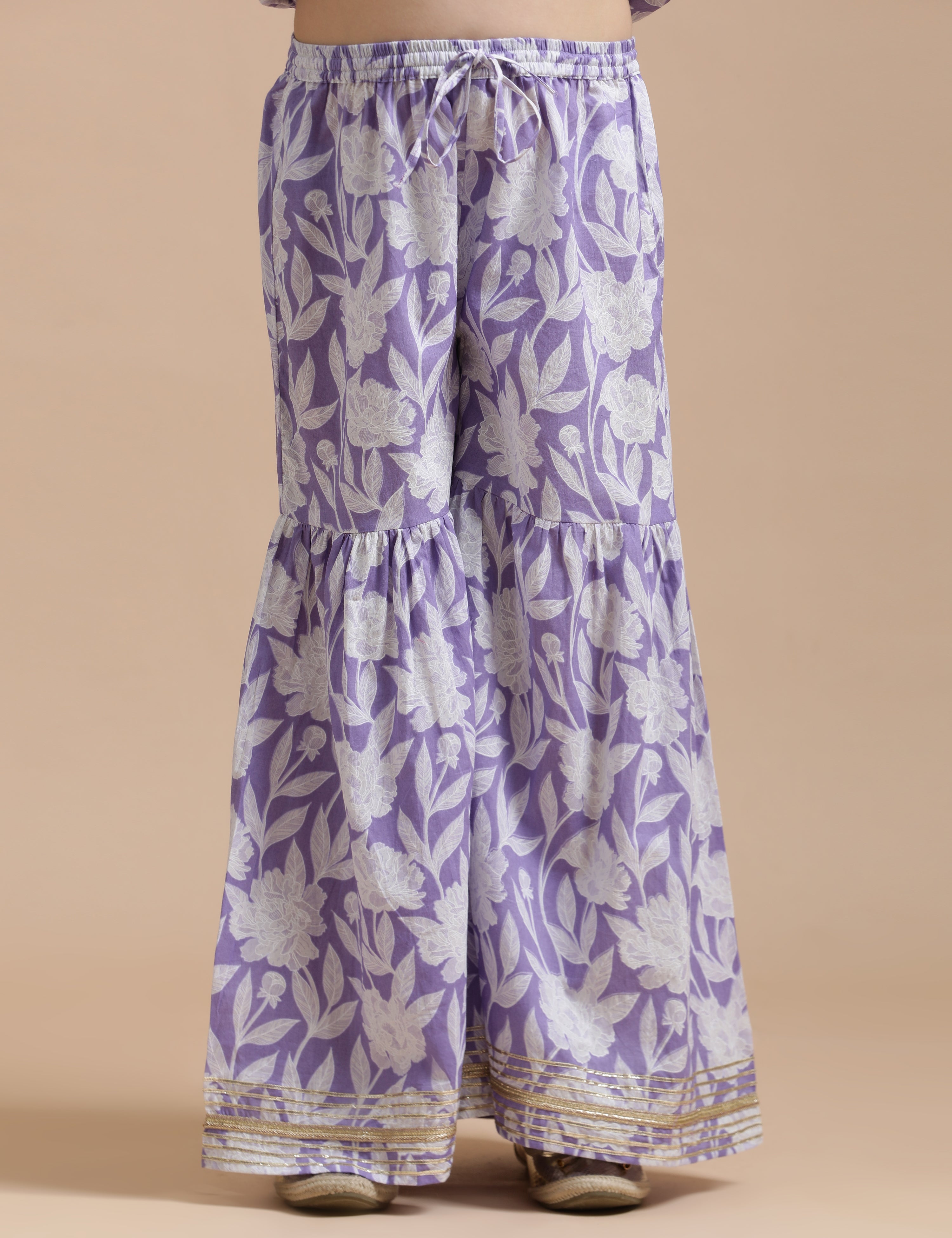 Girls Pure Cotton Floral Embroidered Anarkali Kurta With Sharara