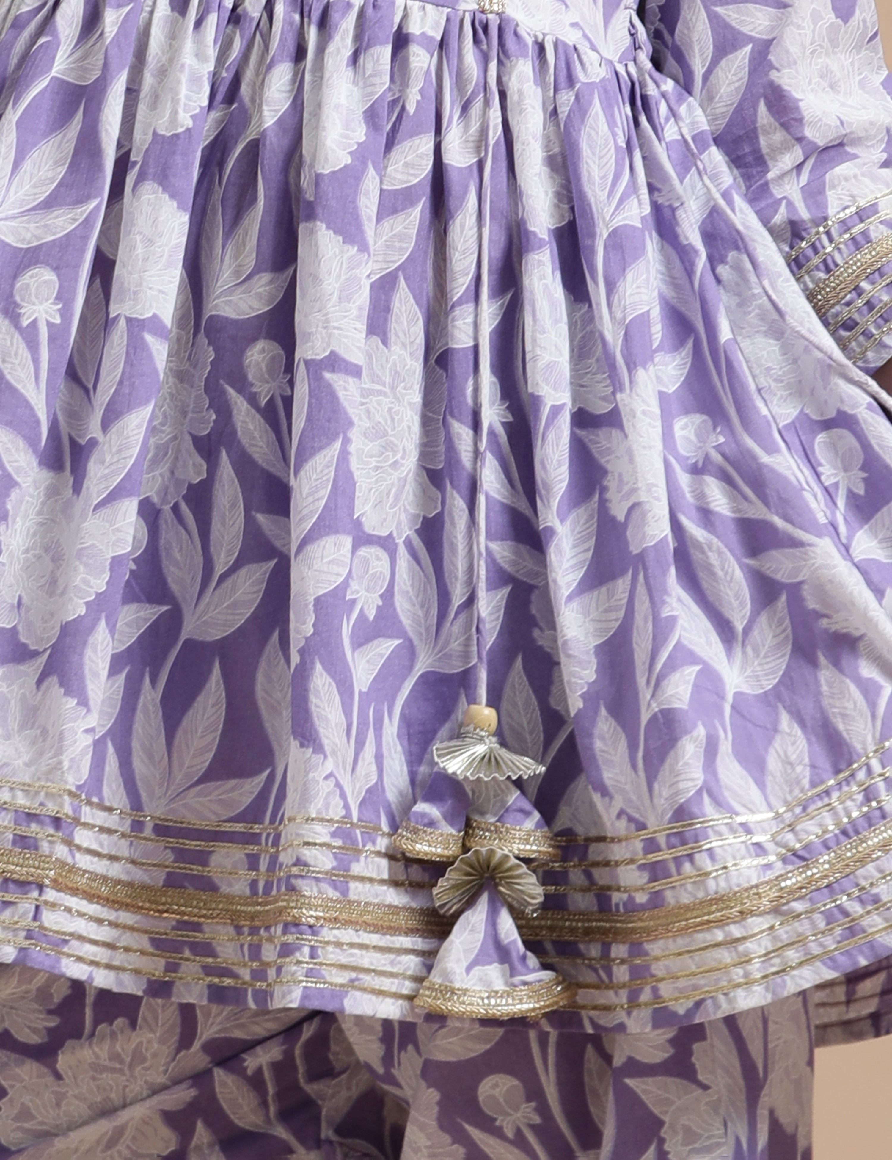 Girls Pure Cotton Floral Embroidered Anarkali Kurta With Sharara