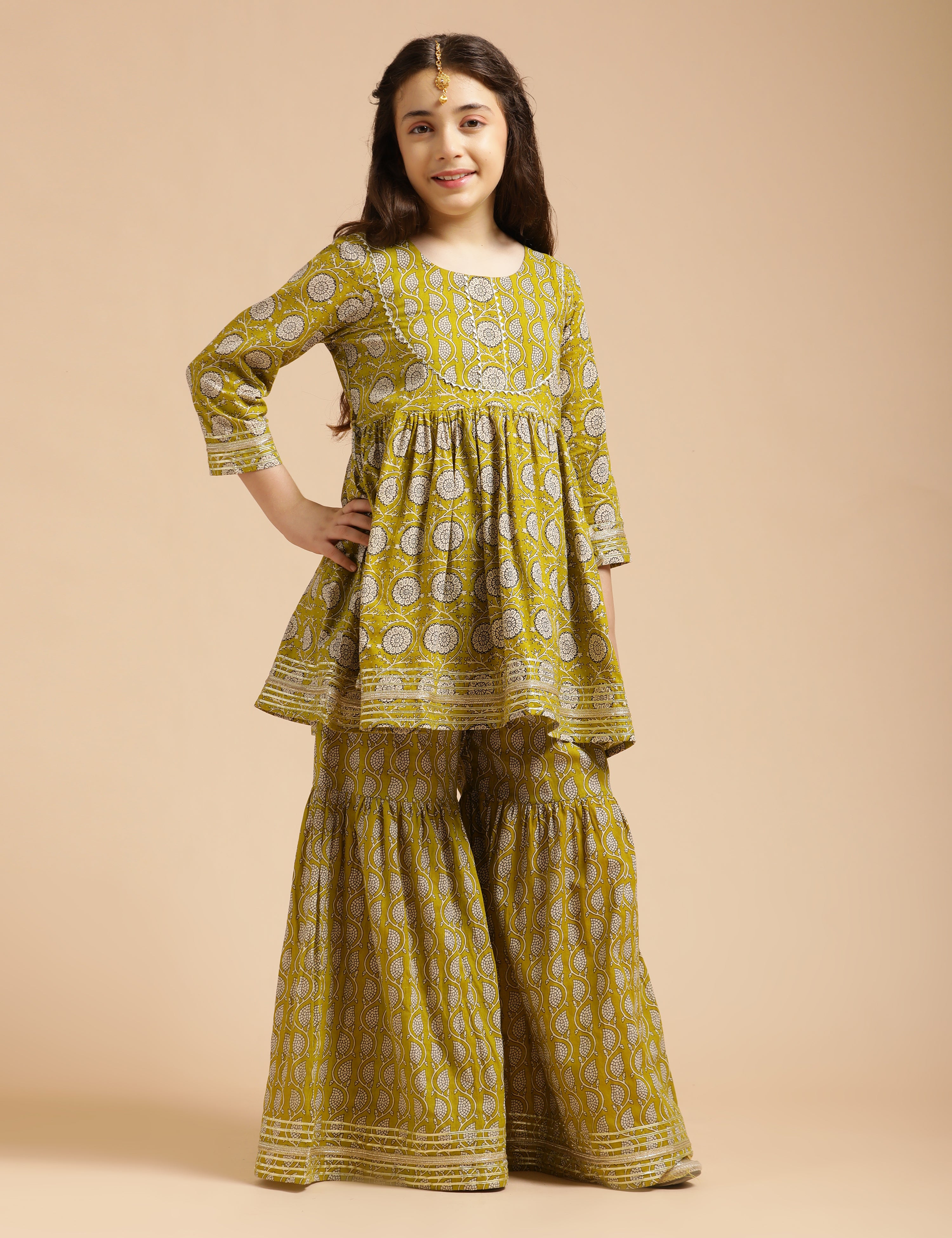 Girls Pure Cotton Floral Embroidered Anarkali Kurta With Sharara
