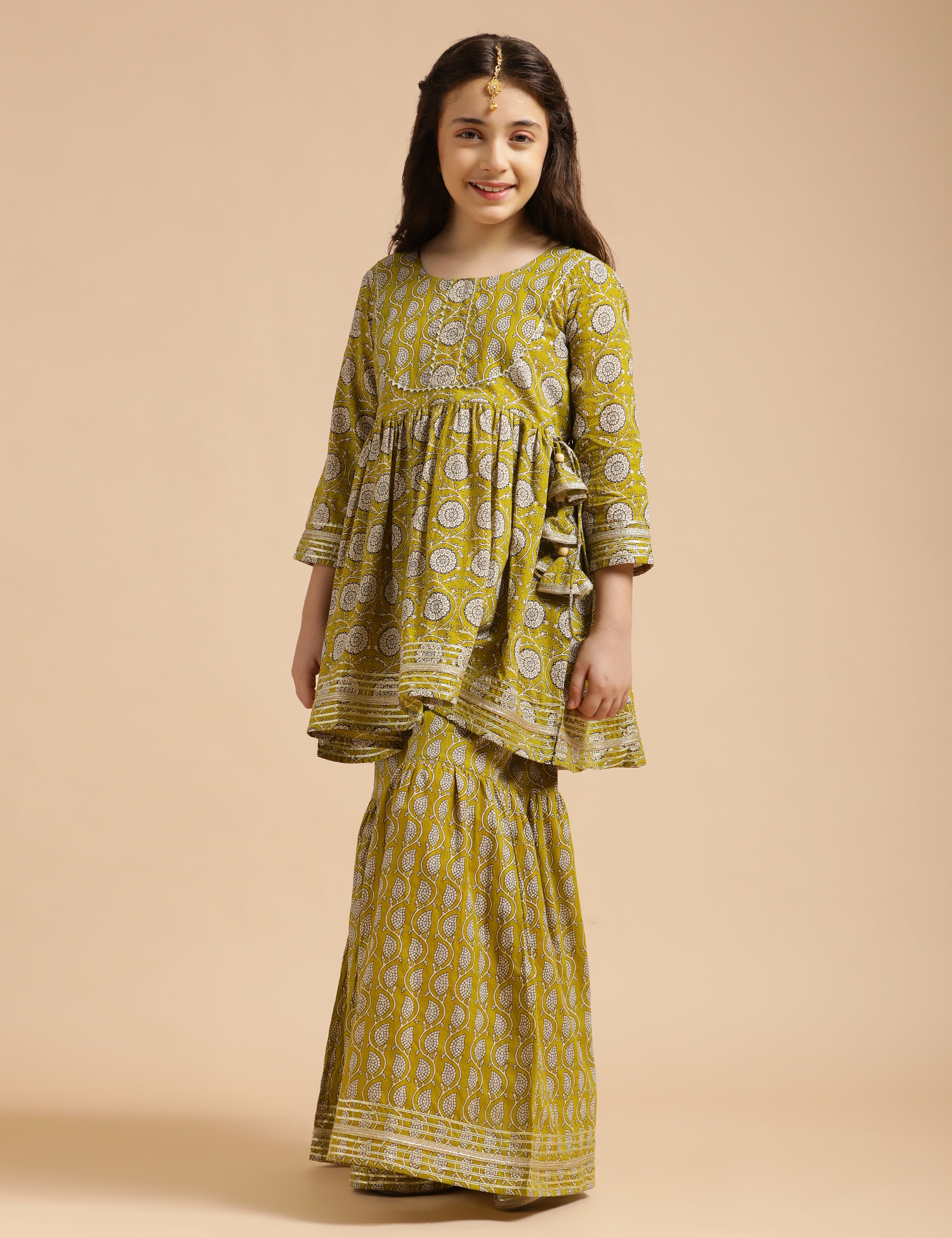Girls Pure Cotton Floral Embroidered Anarkali Kurta With Sharara