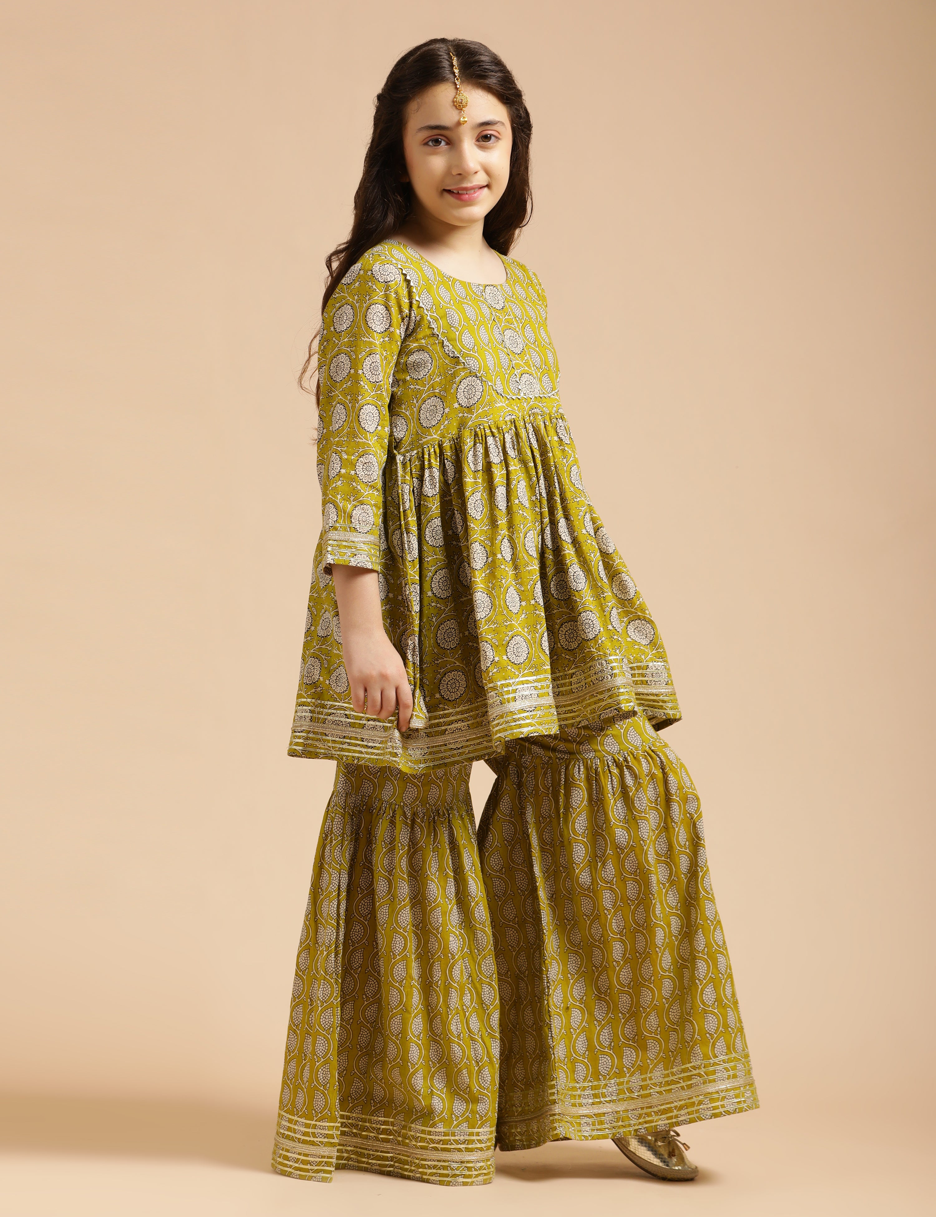 Girls Pure Cotton Floral Embroidered Anarkali Kurta With Sharara