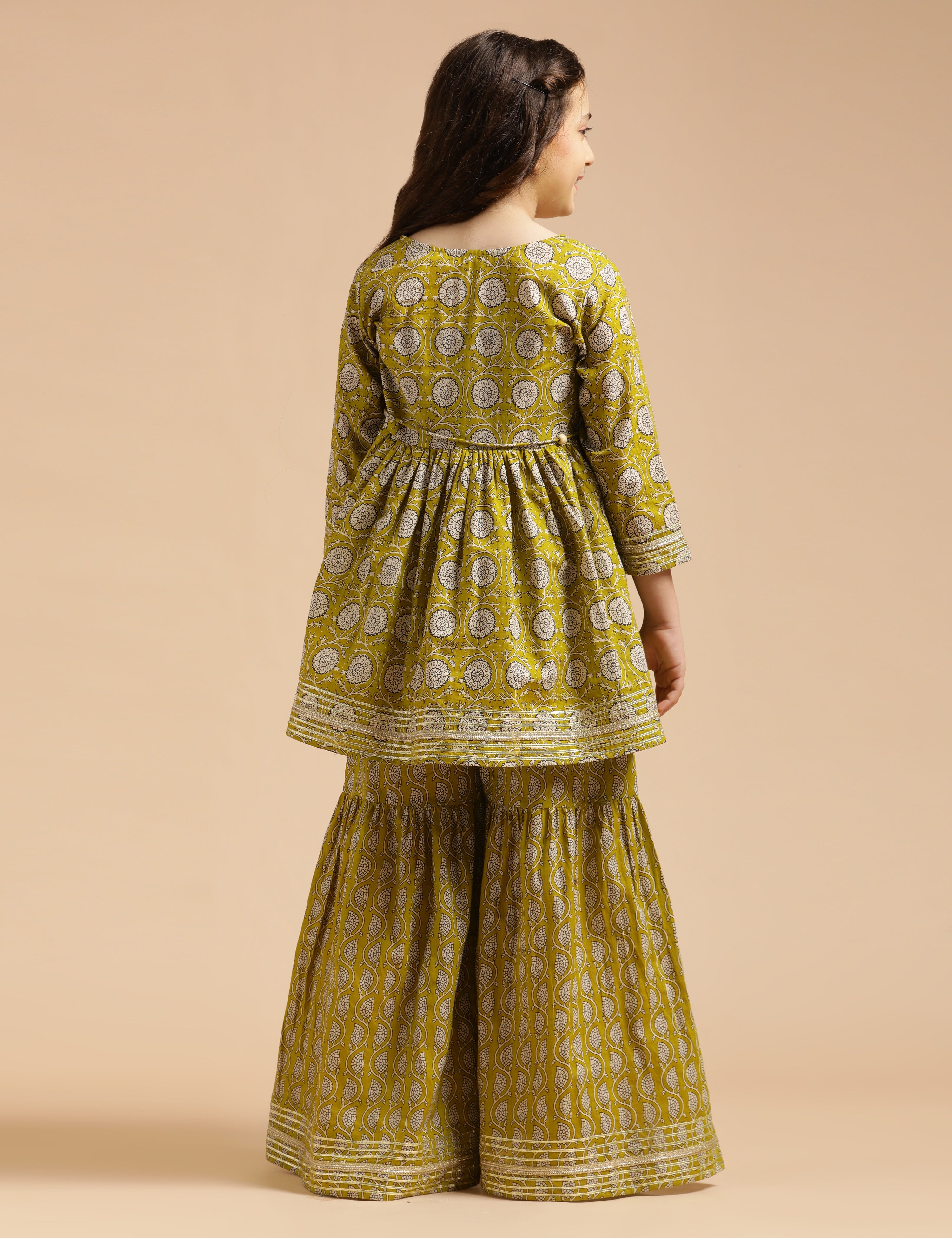 Girls Pure Cotton Floral Embroidered Anarkali Kurta With Sharara