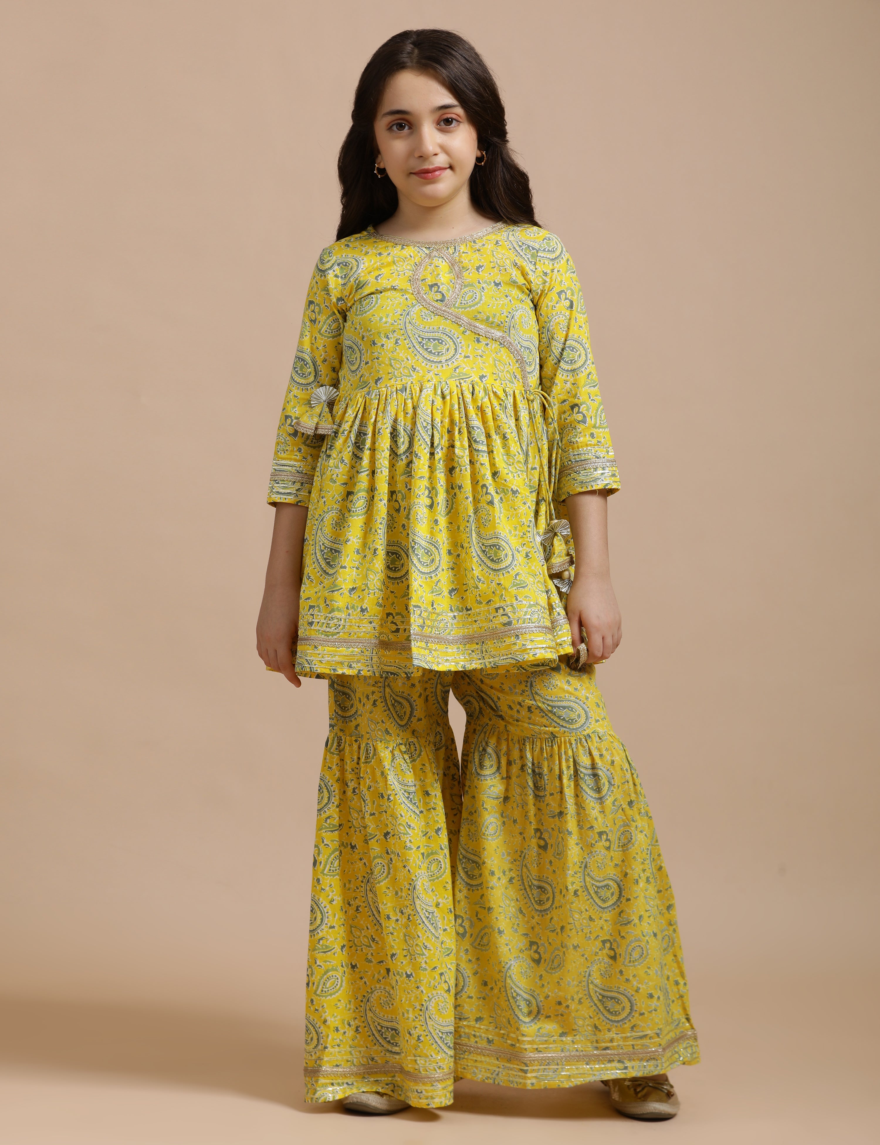 Girls Pure Cotton Floral Embroidered Anarkali Kurta With Sharara