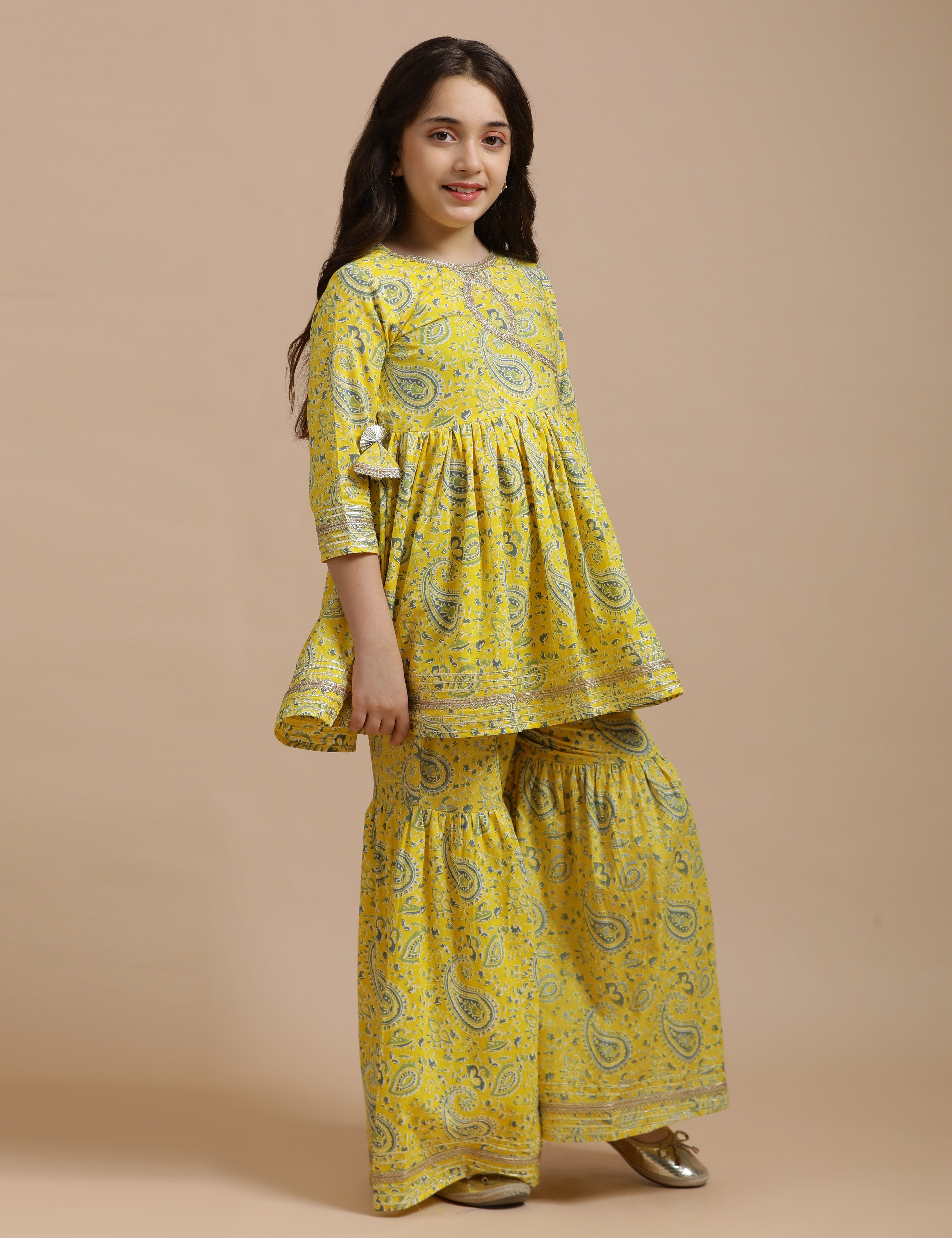 Girls Pure Cotton Floral Embroidered Anarkali Kurta With Sharara