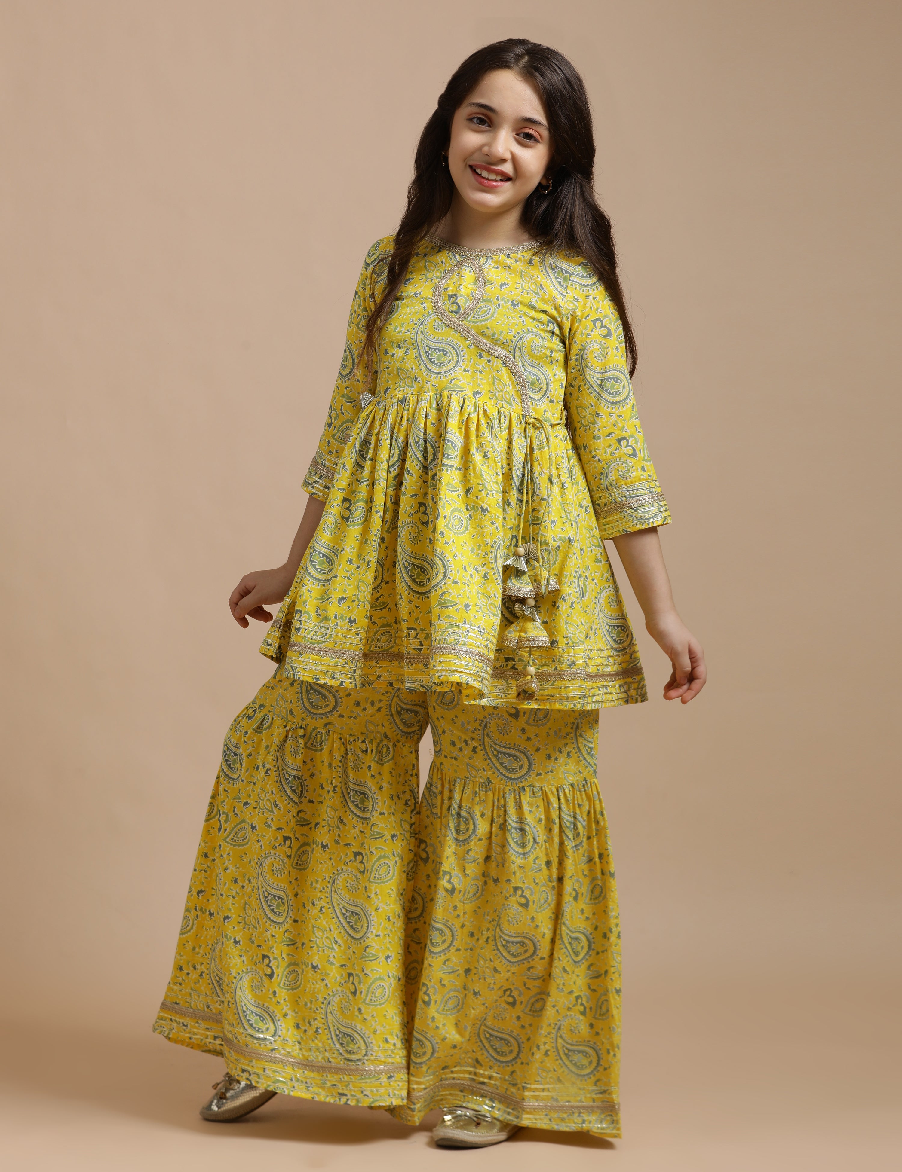 Girls Pure Cotton Floral Embroidered Anarkali Kurta With Sharara
