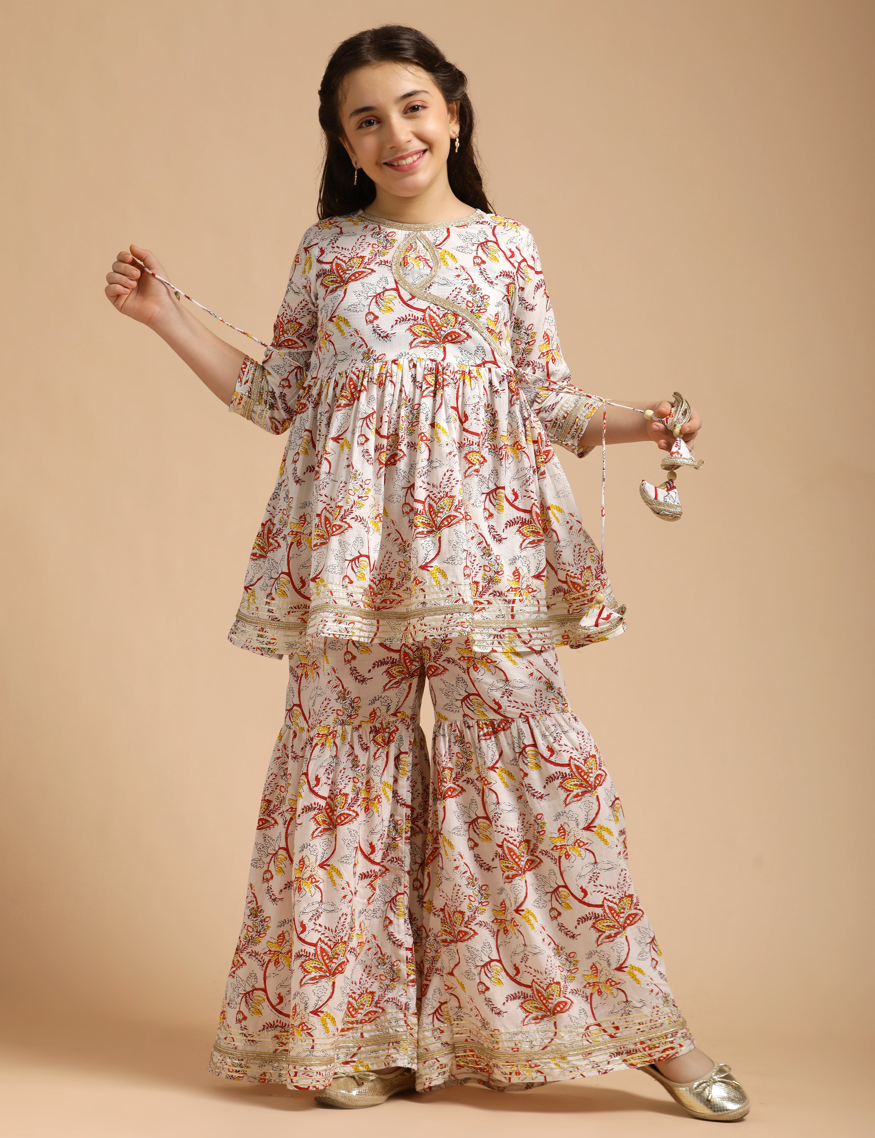 Girls Pure Cotton Floral Embroidered Anarkali Kurta With Sharara