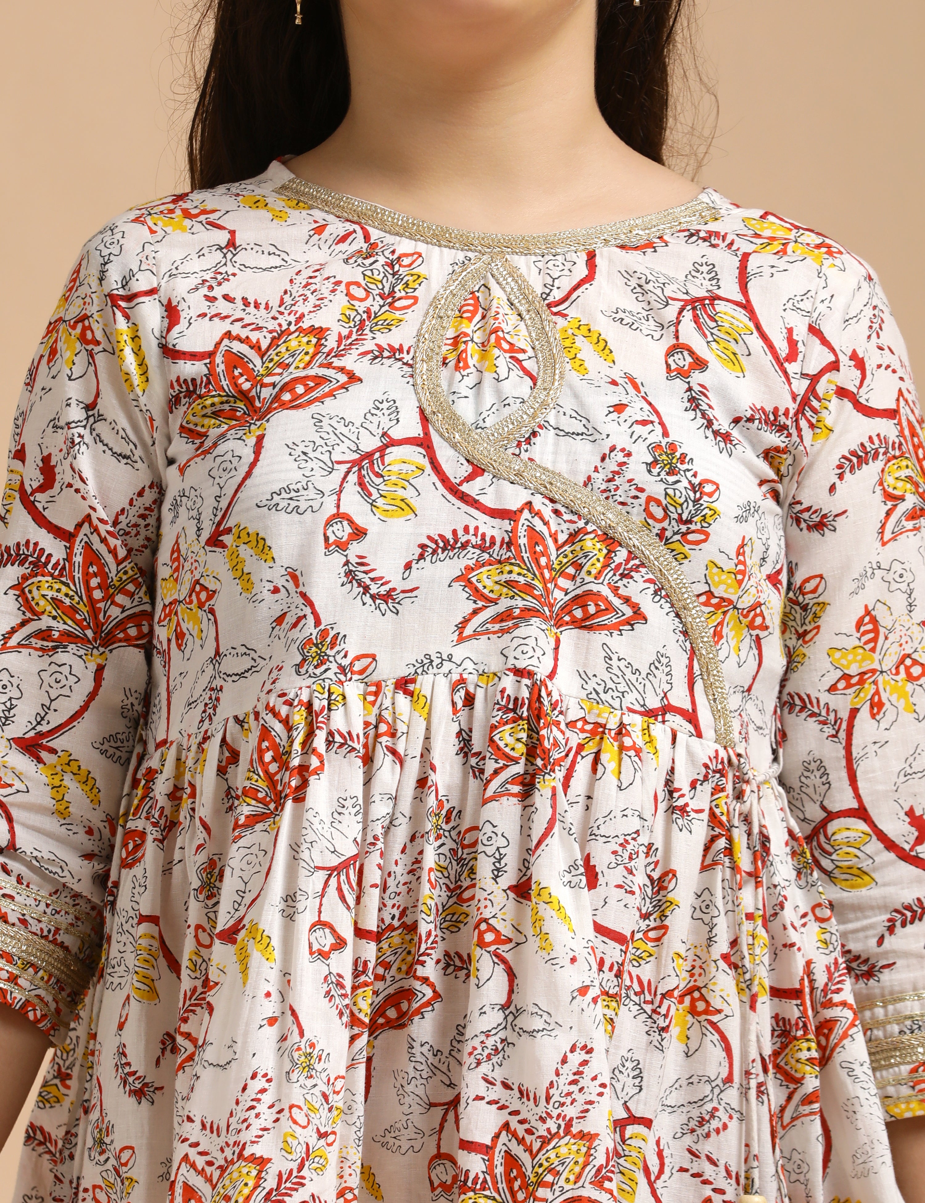 Girls Pure Cotton Floral Embroidered Anarkali Kurta With Sharara