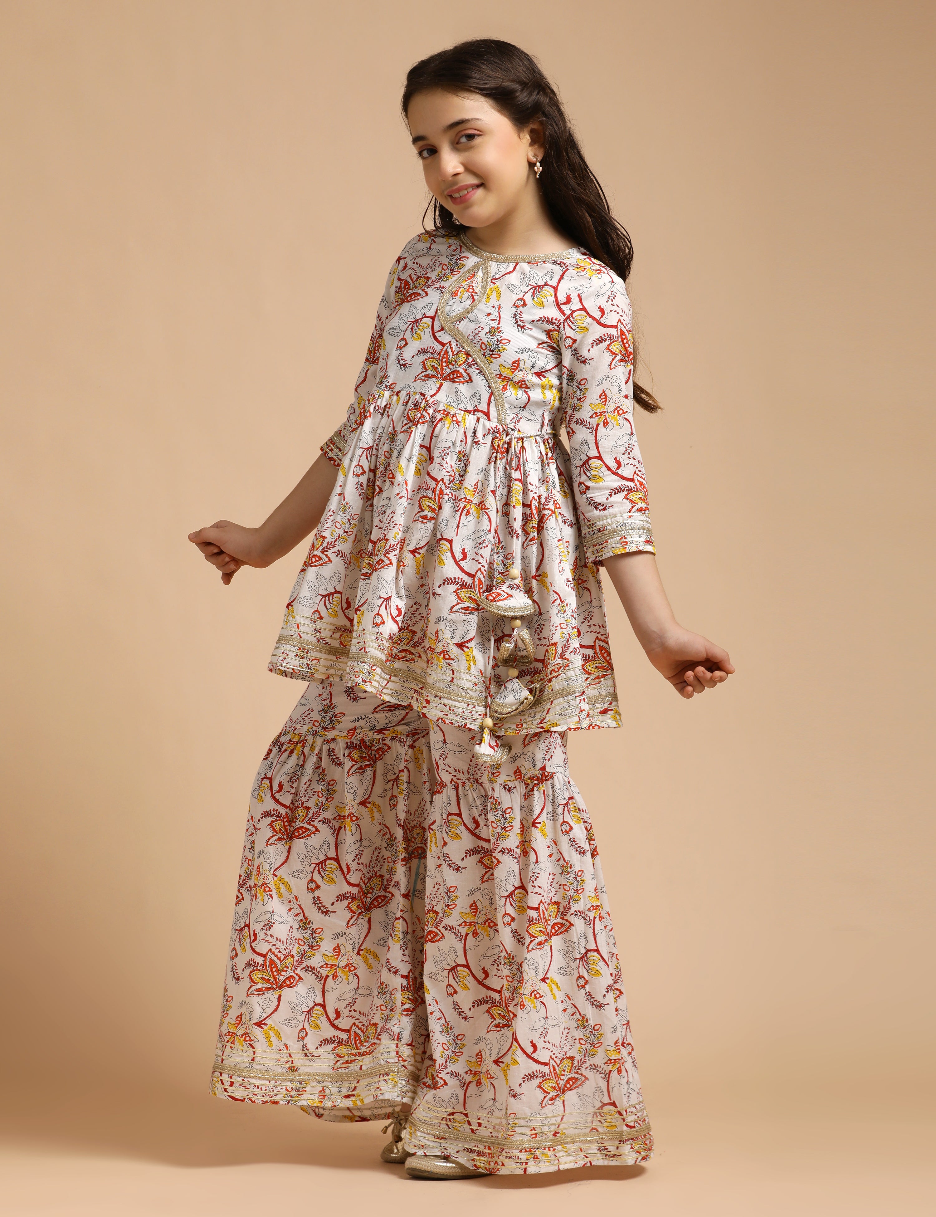 Girls Pure Cotton Floral Embroidered Anarkali Kurta With Sharara