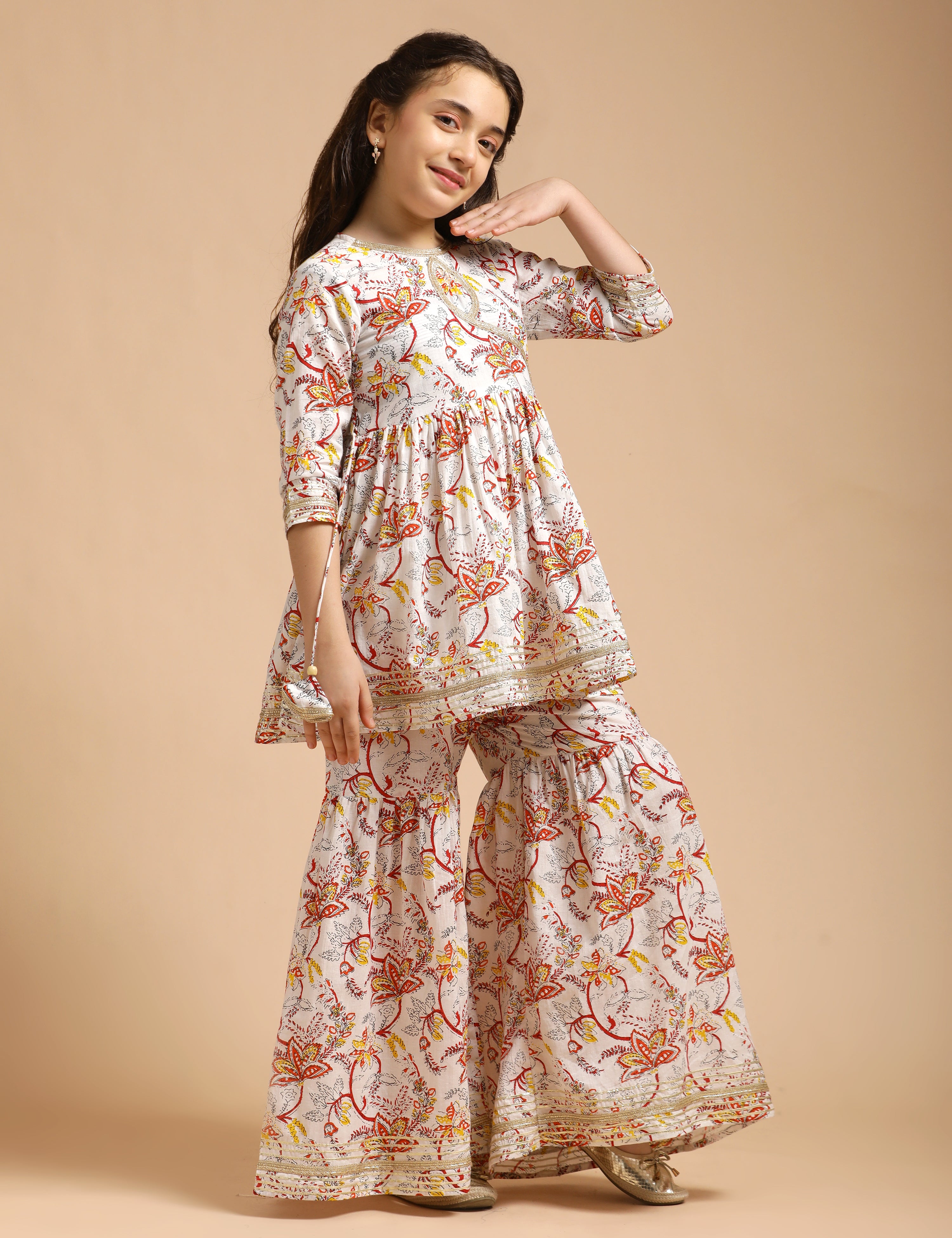 Girls Pure Cotton Floral Embroidered Anarkali Kurta With Sharara