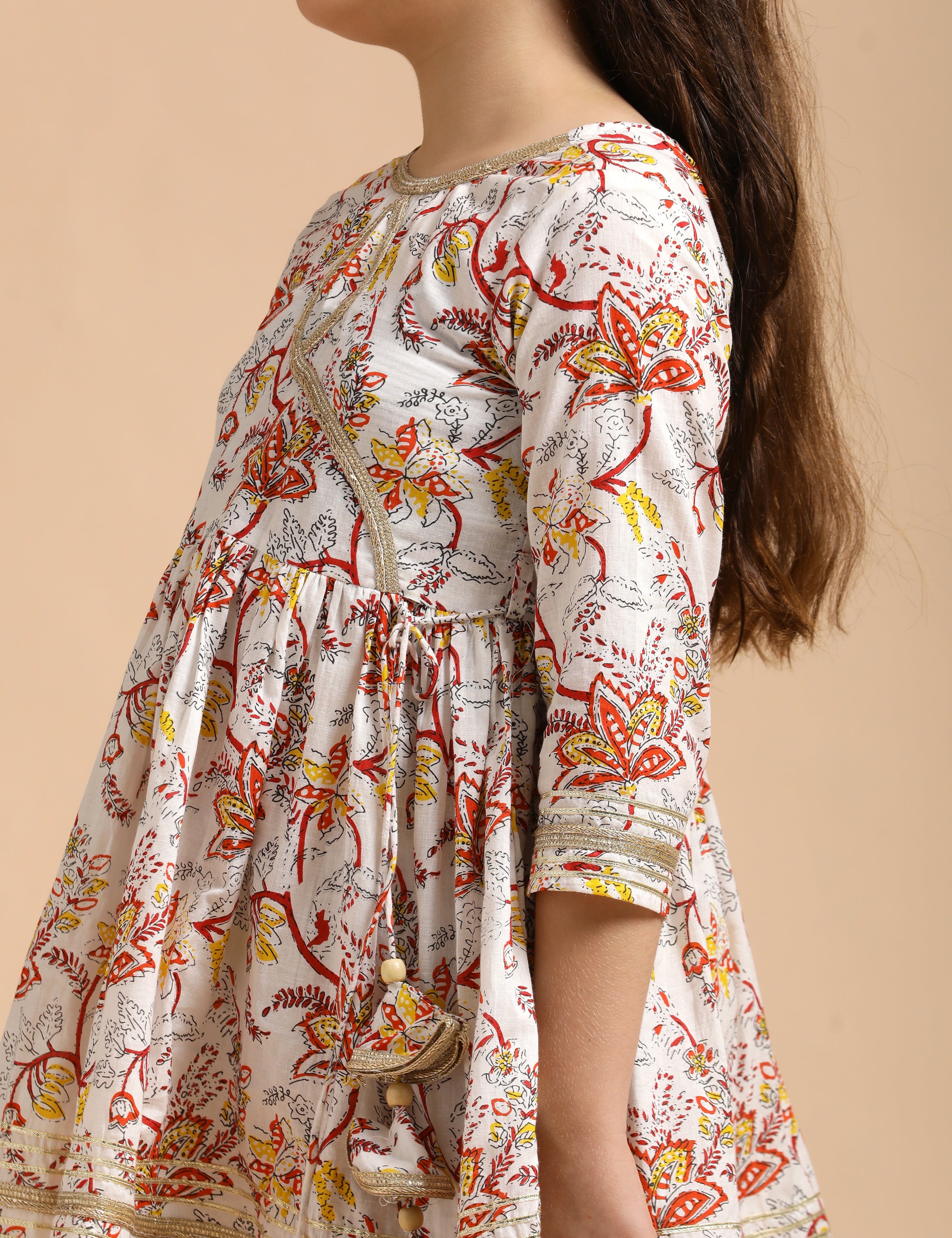 Girls Pure Cotton Floral Embroidered Anarkali Kurta With Sharara