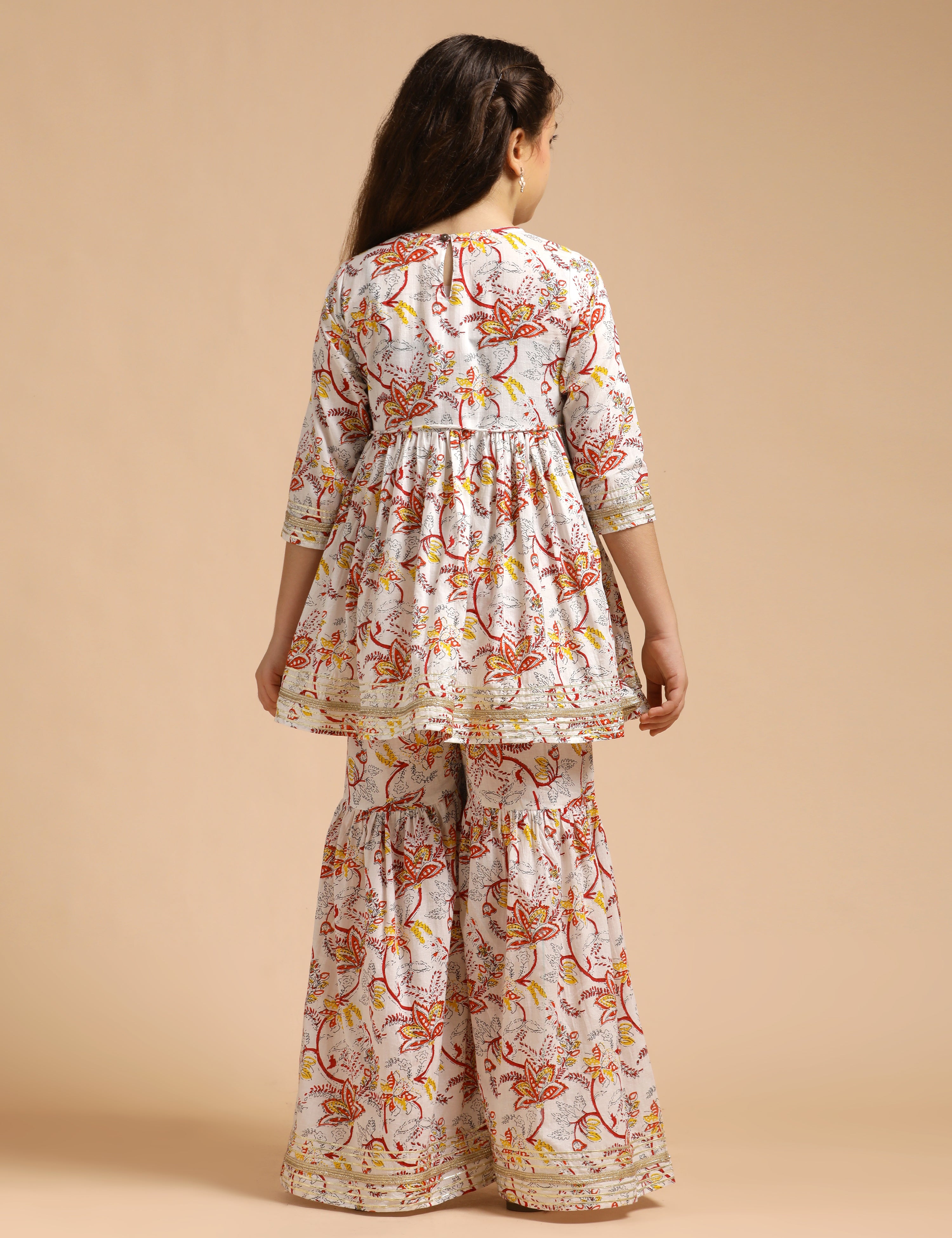 Girls Pure Cotton Floral Embroidered Anarkali Kurta With Sharara