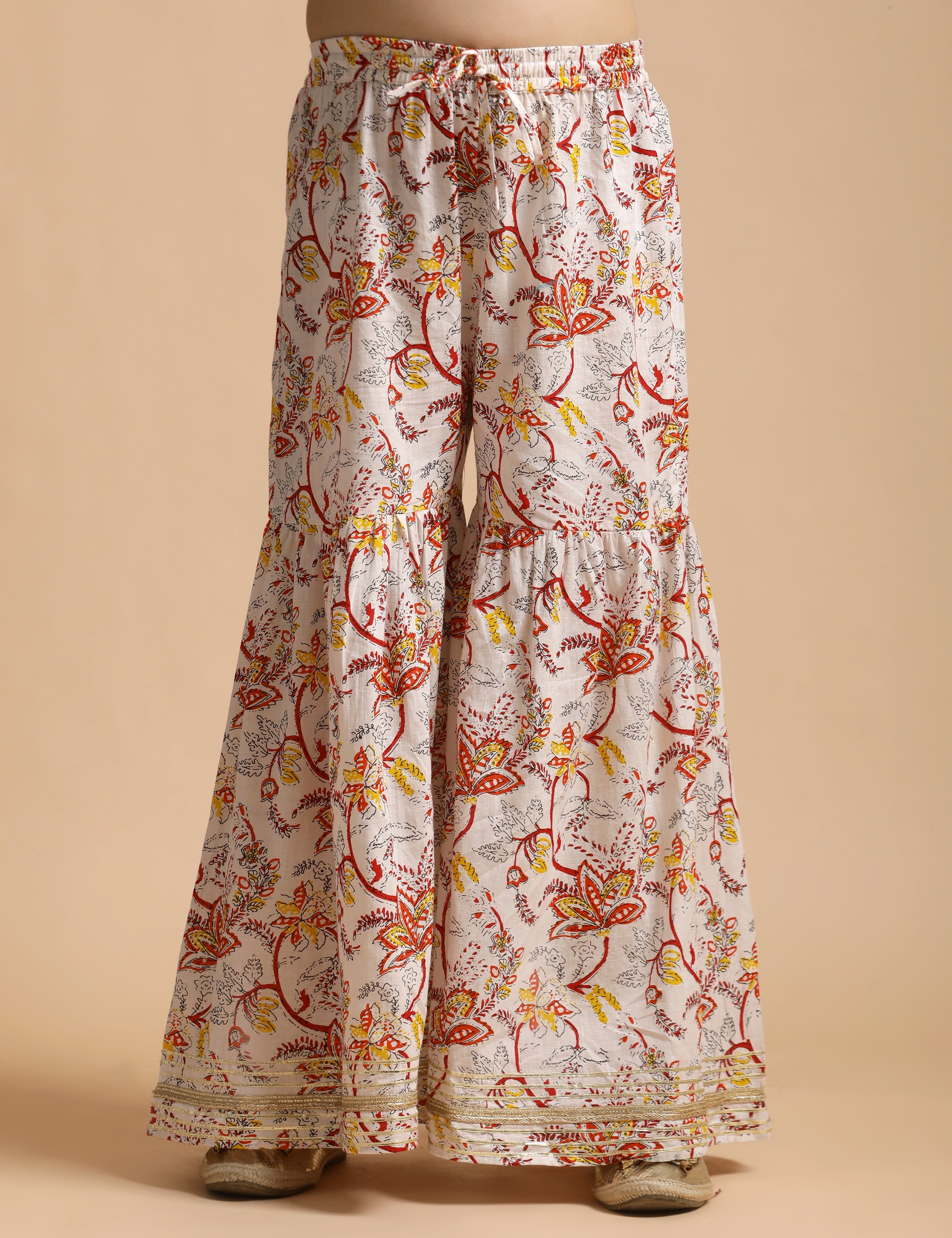 Girls Pure Cotton Floral Embroidered Anarkali Kurta With Sharara