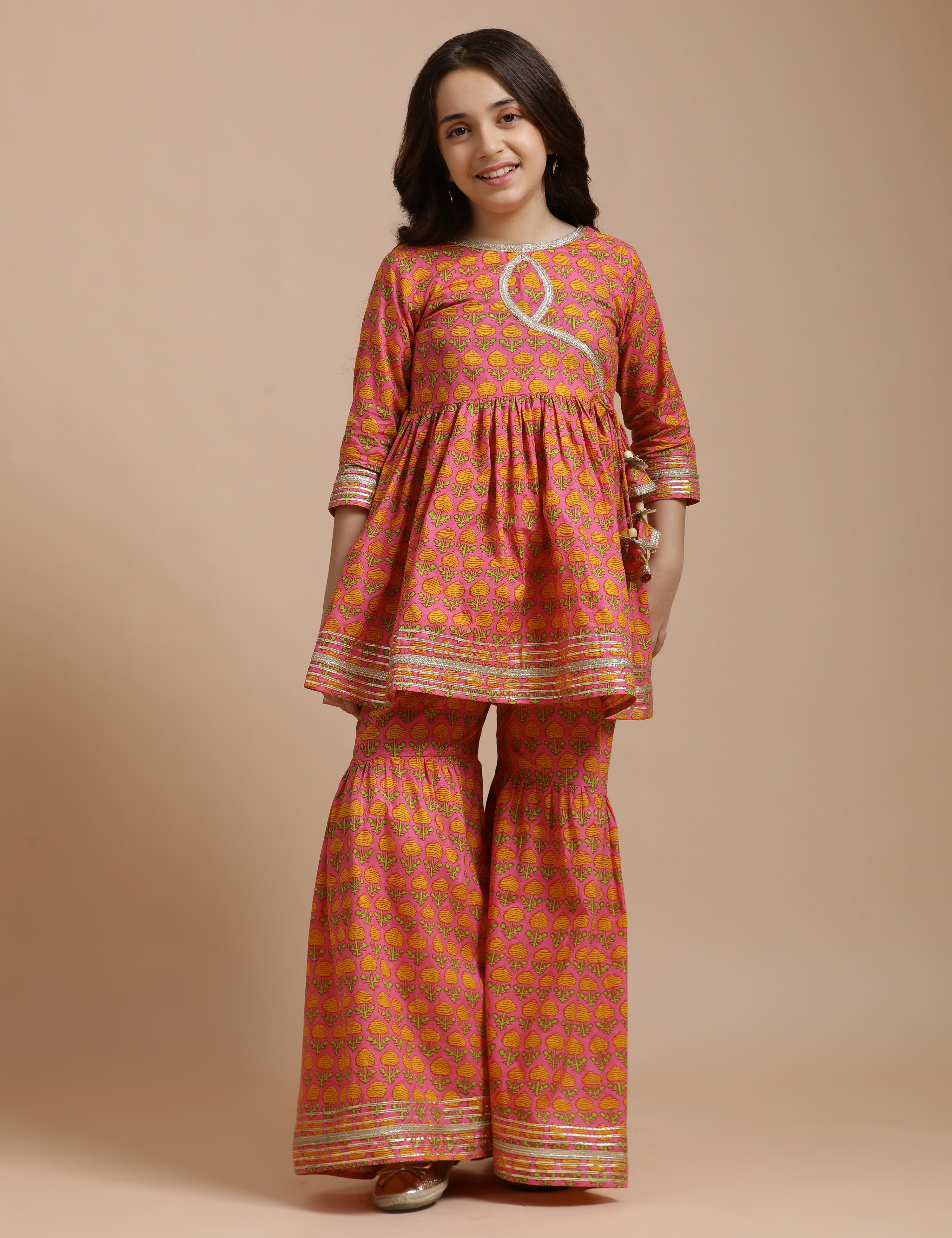 Girls Pure Cotton Floral Embroidered Anarkali Kurta With Sharara