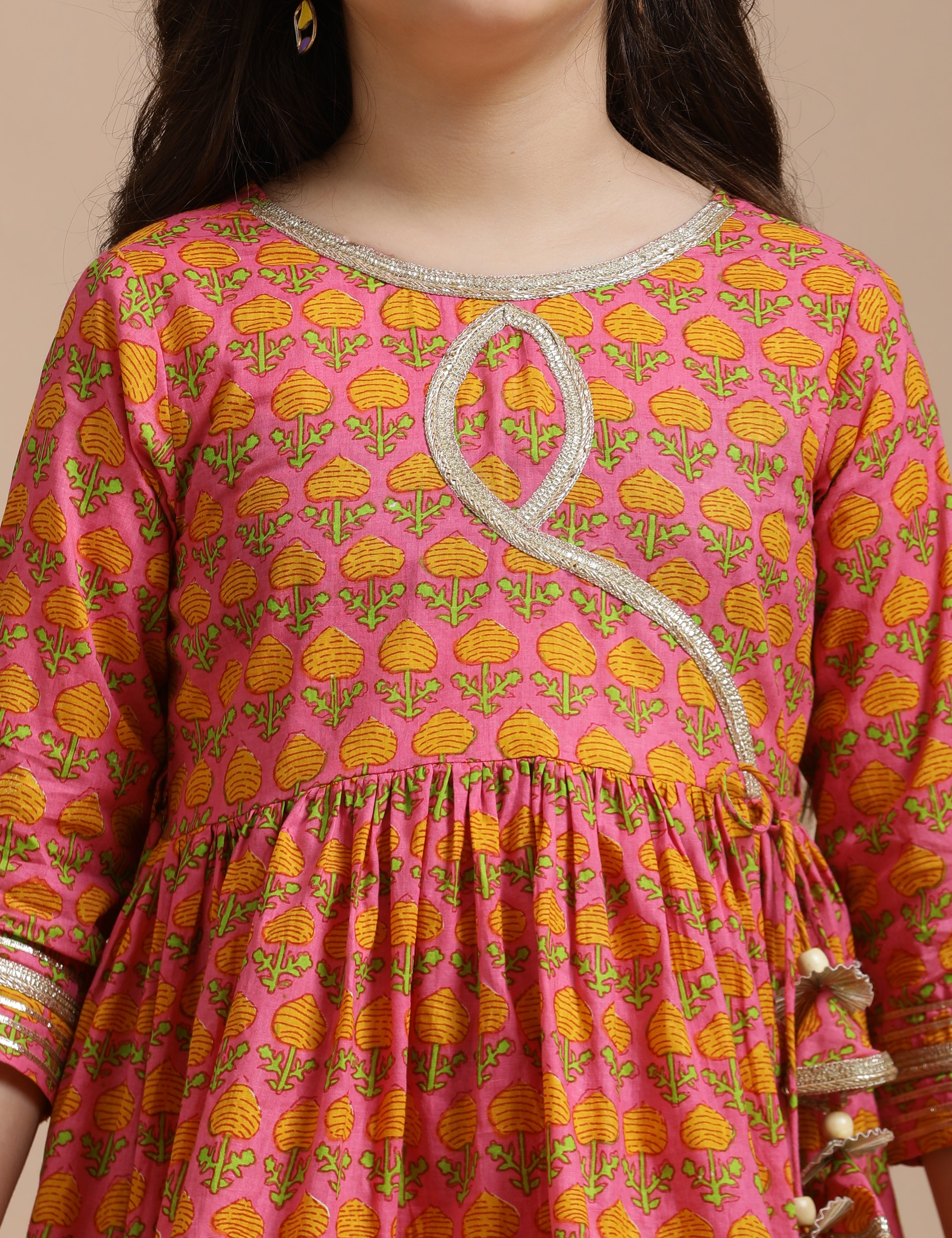 Girls Pure Cotton Floral Embroidered Anarkali Kurta With Sharara
