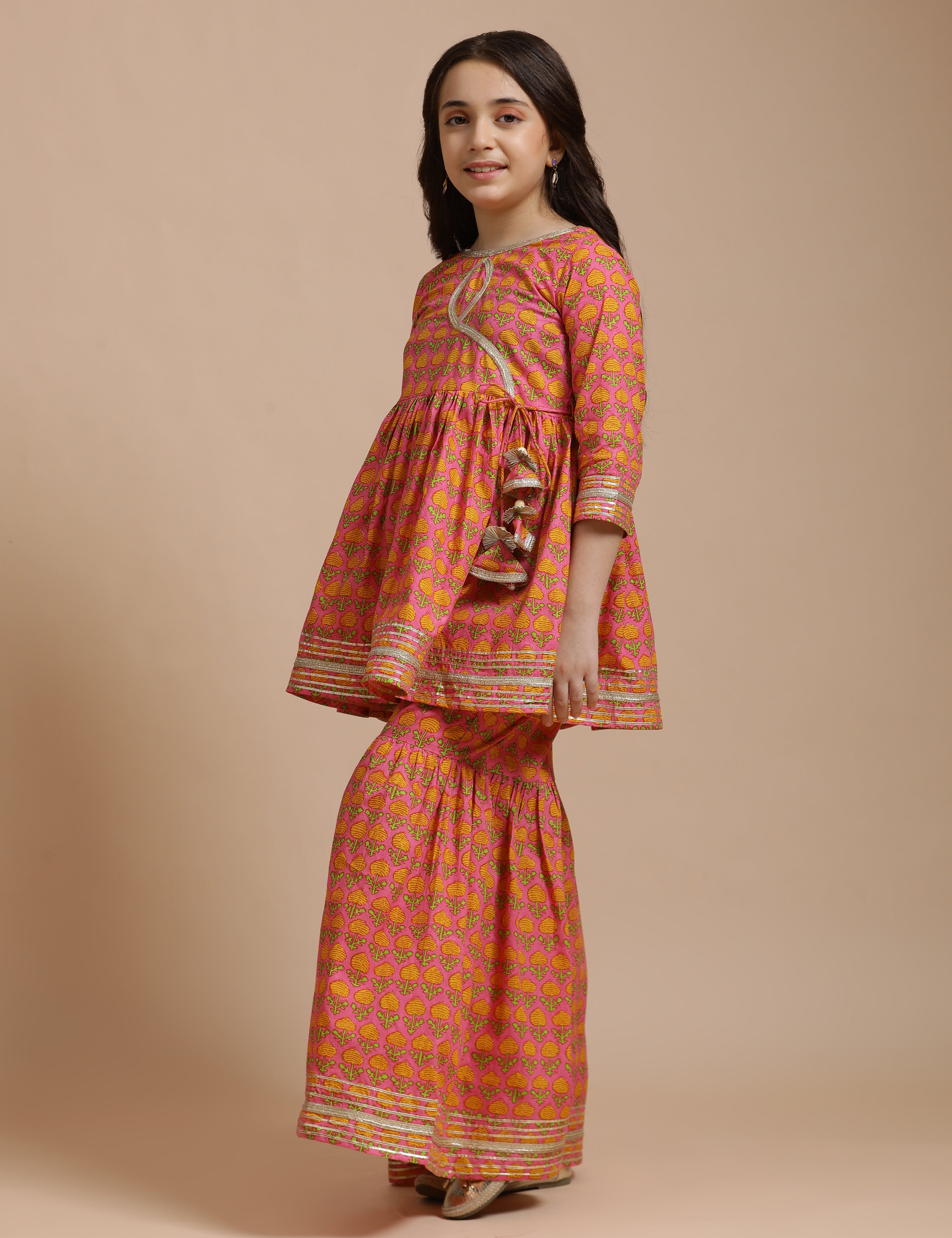 Girls Pure Cotton Floral Embroidered Anarkali Kurta With Sharara