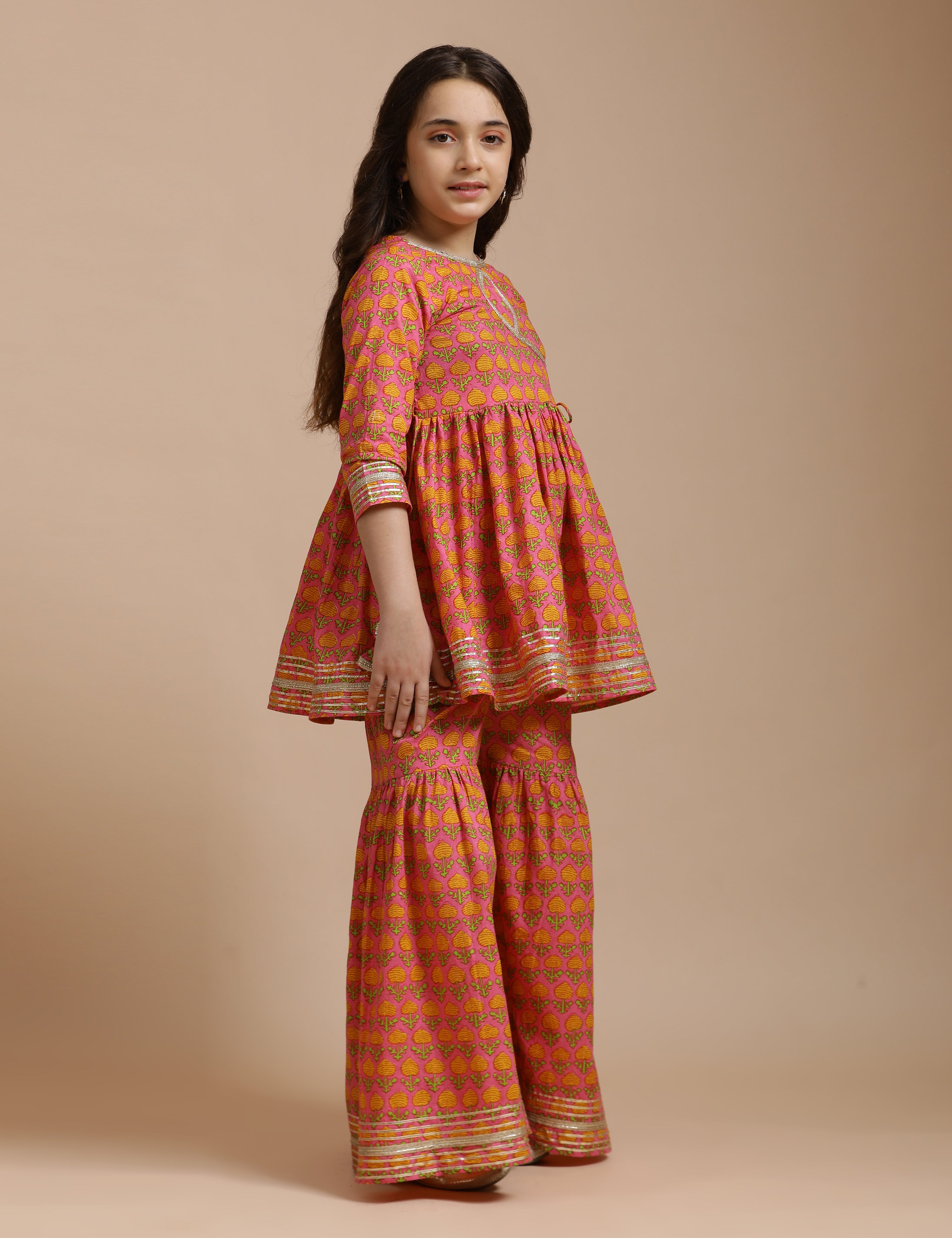 Girls Pure Cotton Floral Embroidered Anarkali Kurta With Sharara