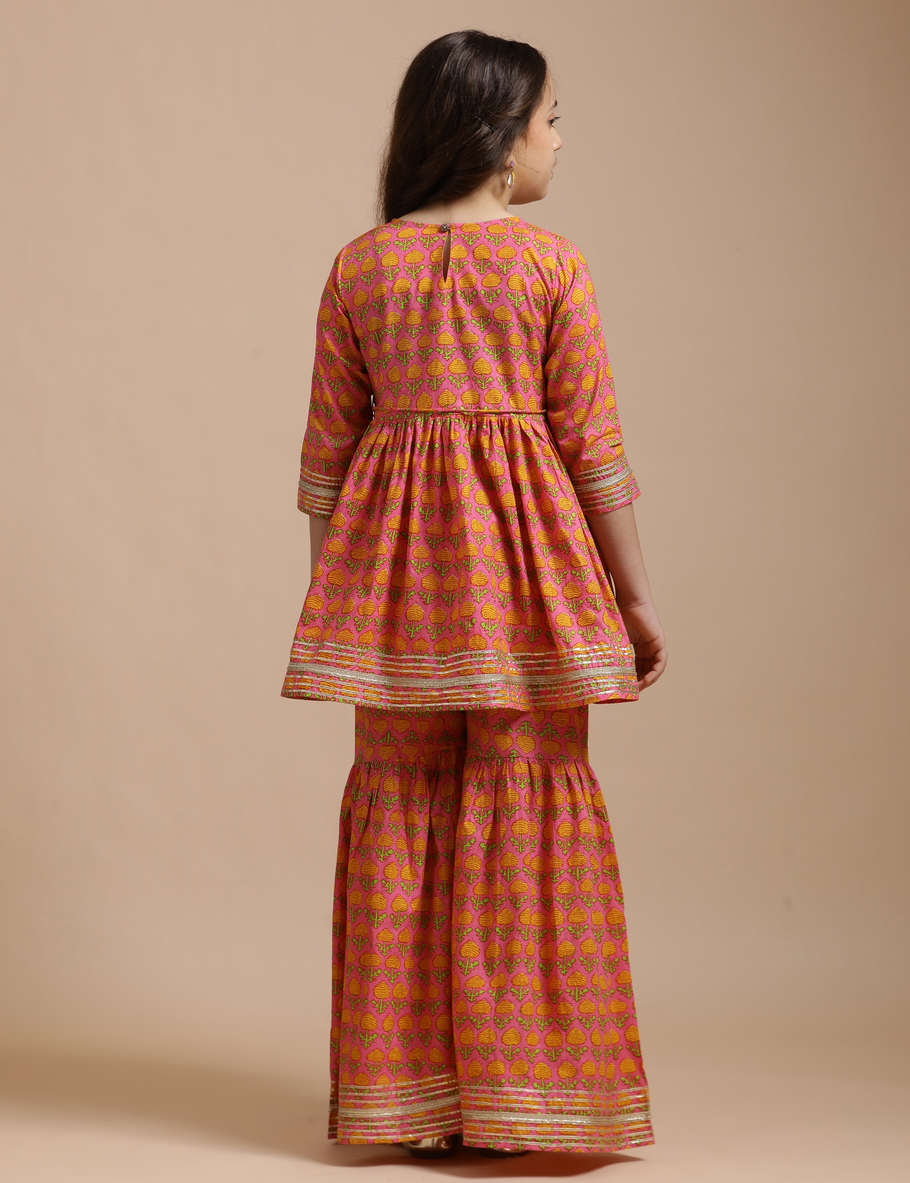 Girls Pure Cotton Floral Embroidered Anarkali Kurta With Sharara