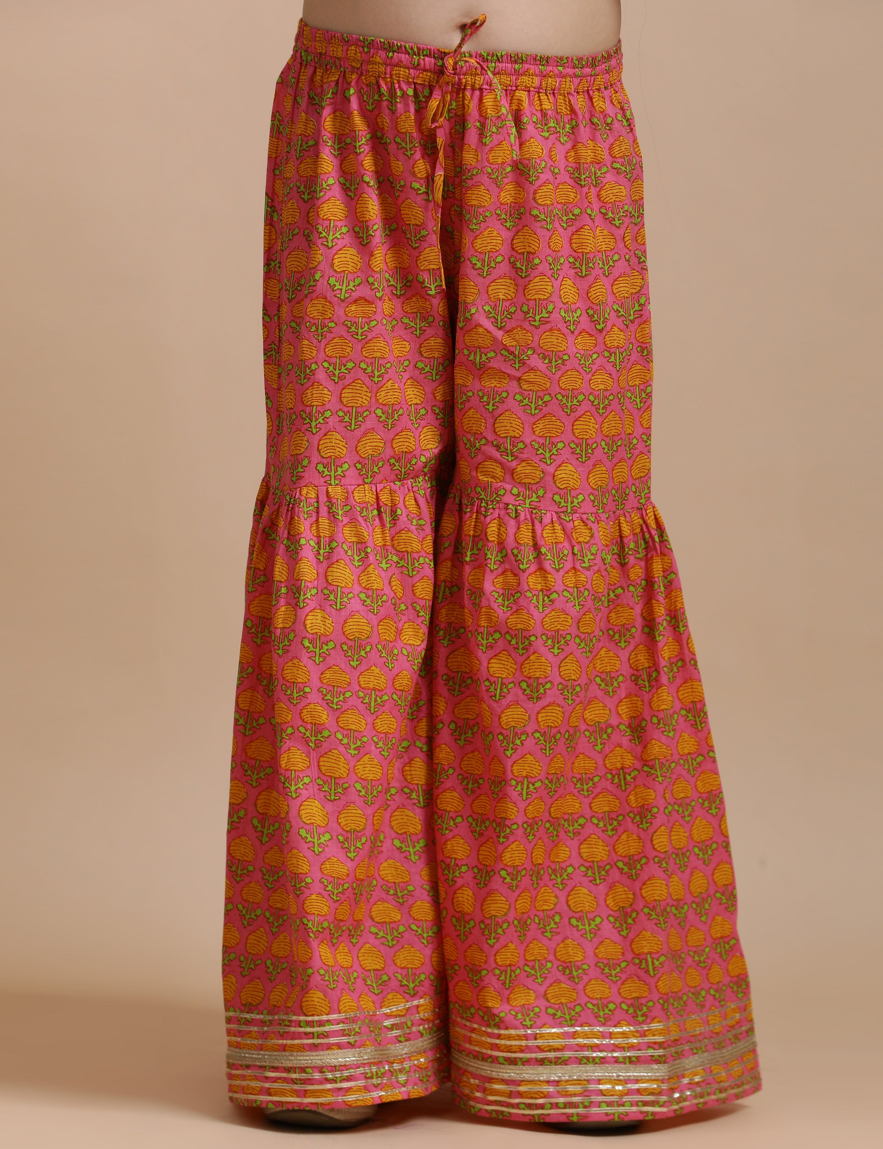 Girls Pure Cotton Floral Embroidered Anarkali Kurta With Sharara