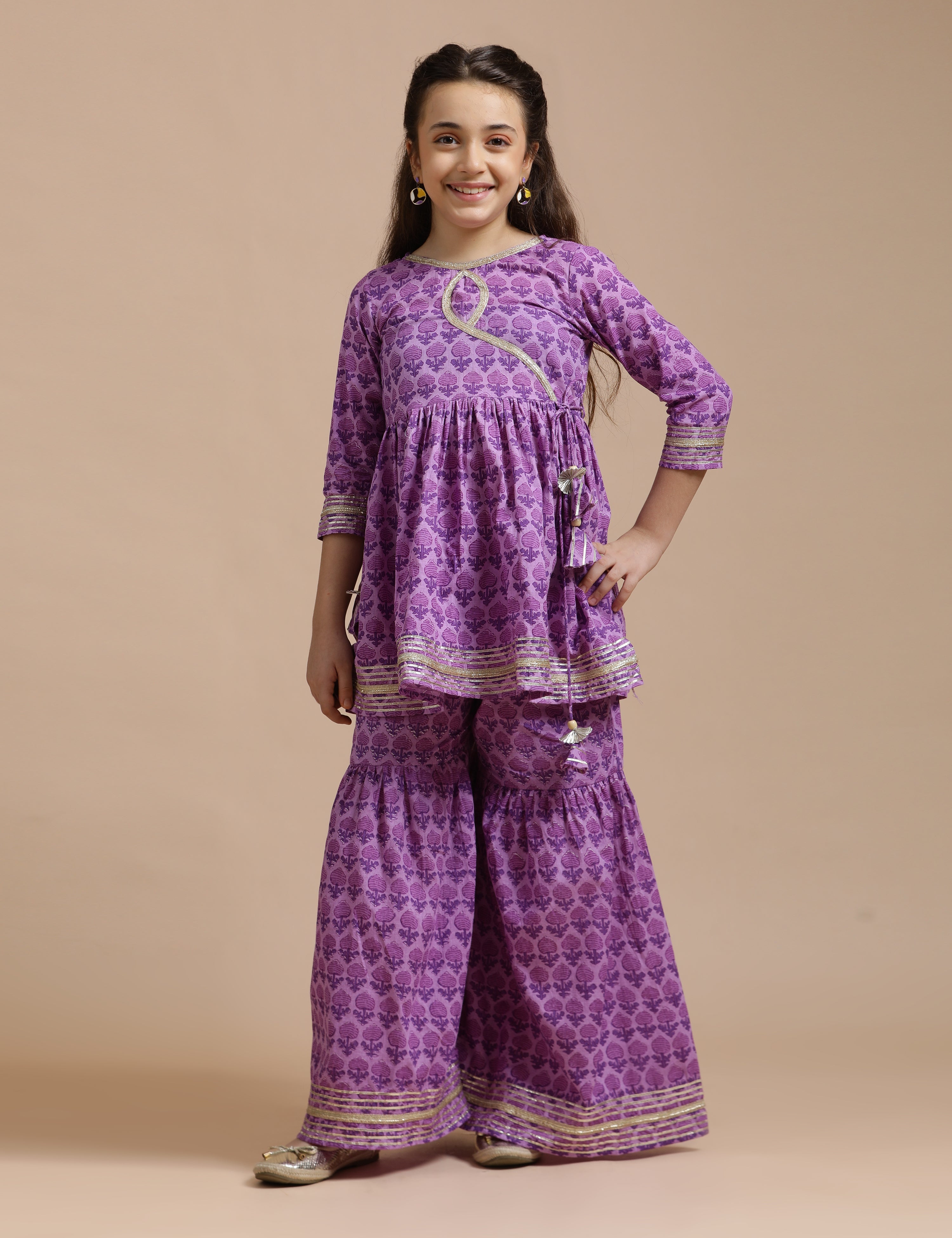 Girls Pure Cotton Floral Embroidered Anarkali Kurta With Sharara
