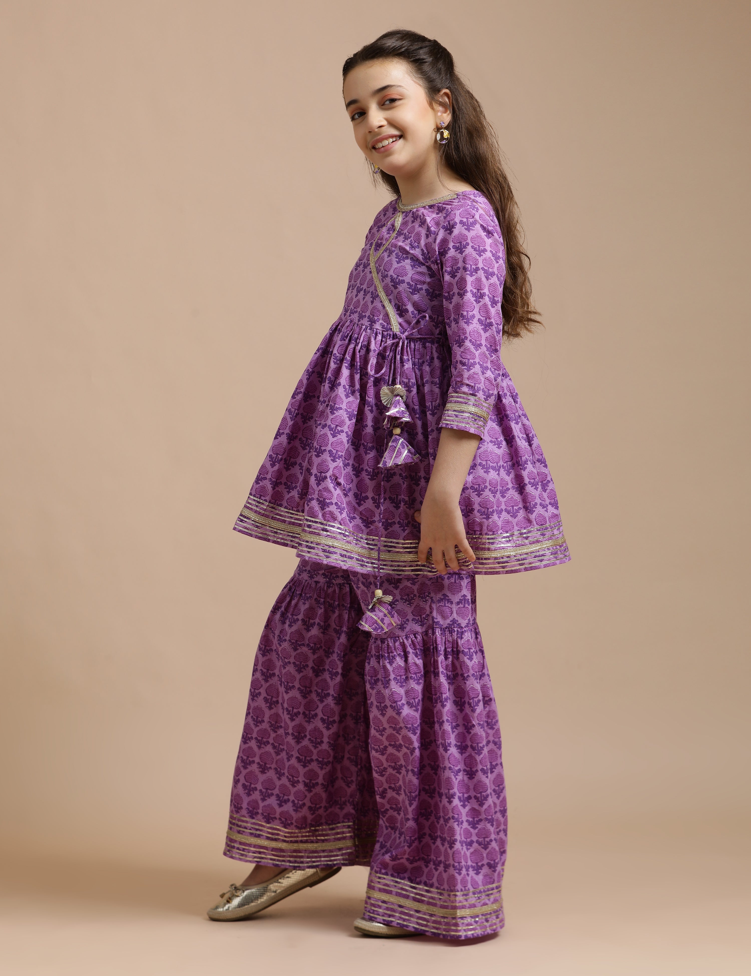 Girls Pure Cotton Floral Embroidered Anarkali Kurta With Sharara