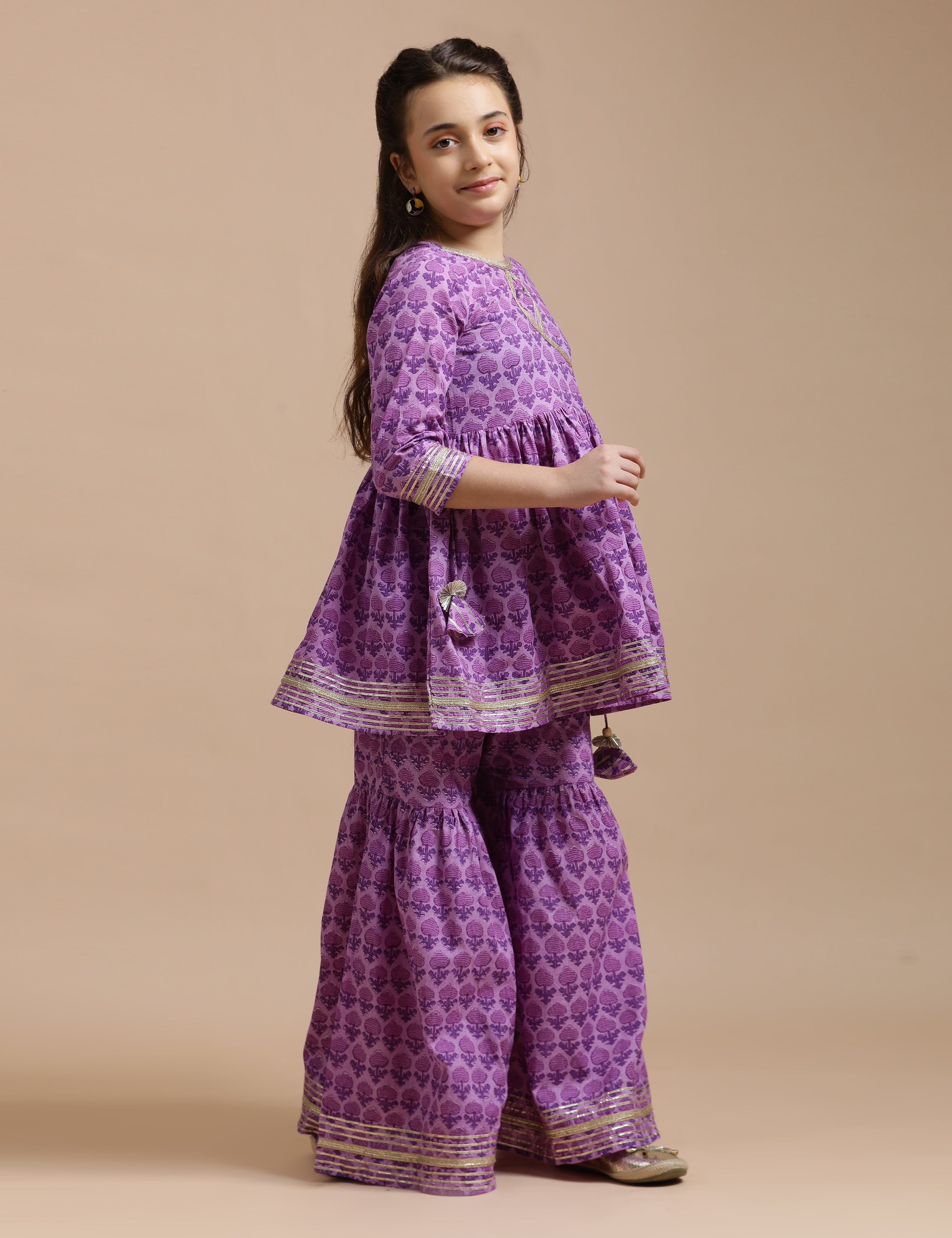 Girls Pure Cotton Floral Embroidered Anarkali Kurta With Sharara