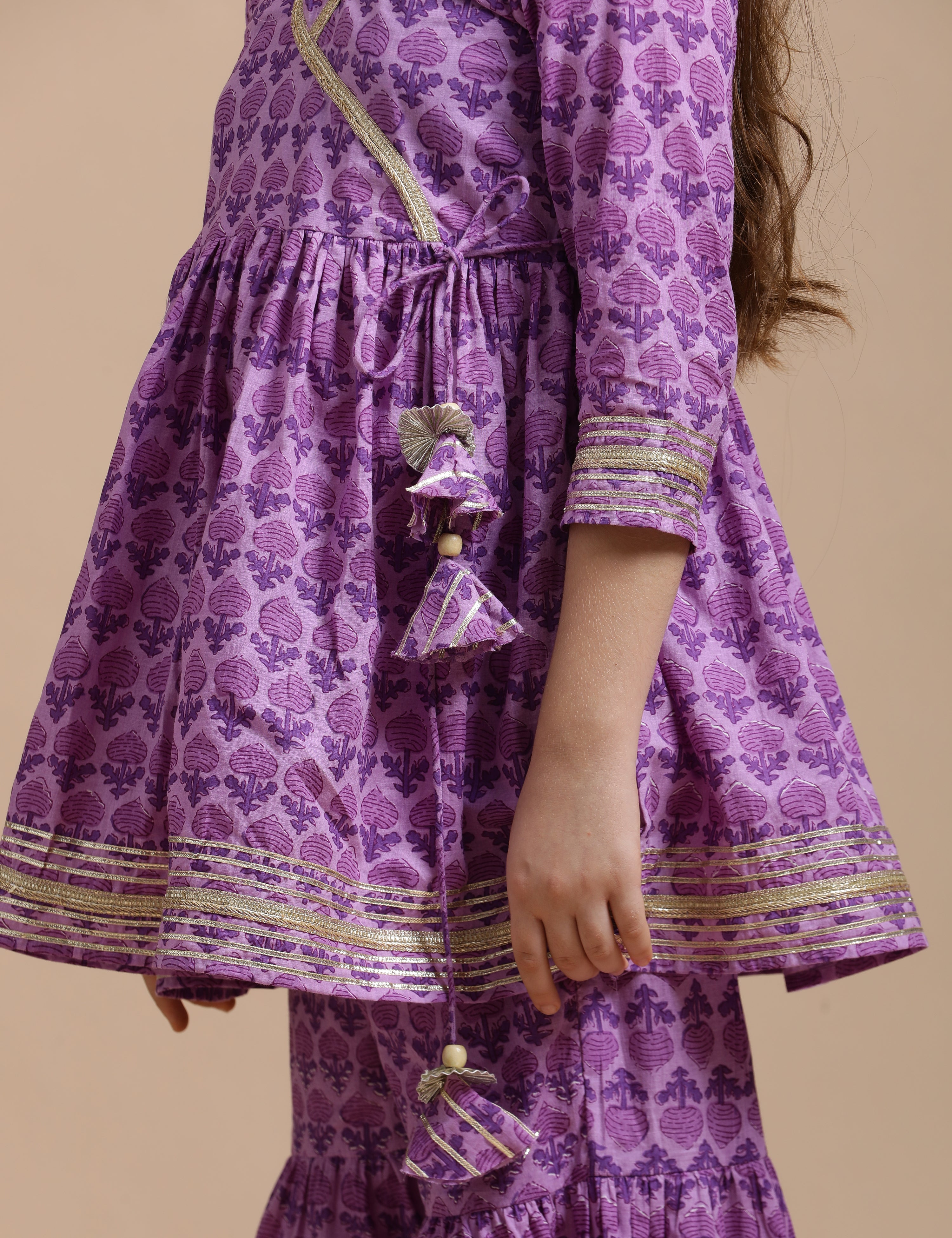 Girls Pure Cotton Floral Embroidered Anarkali Kurta With Sharara