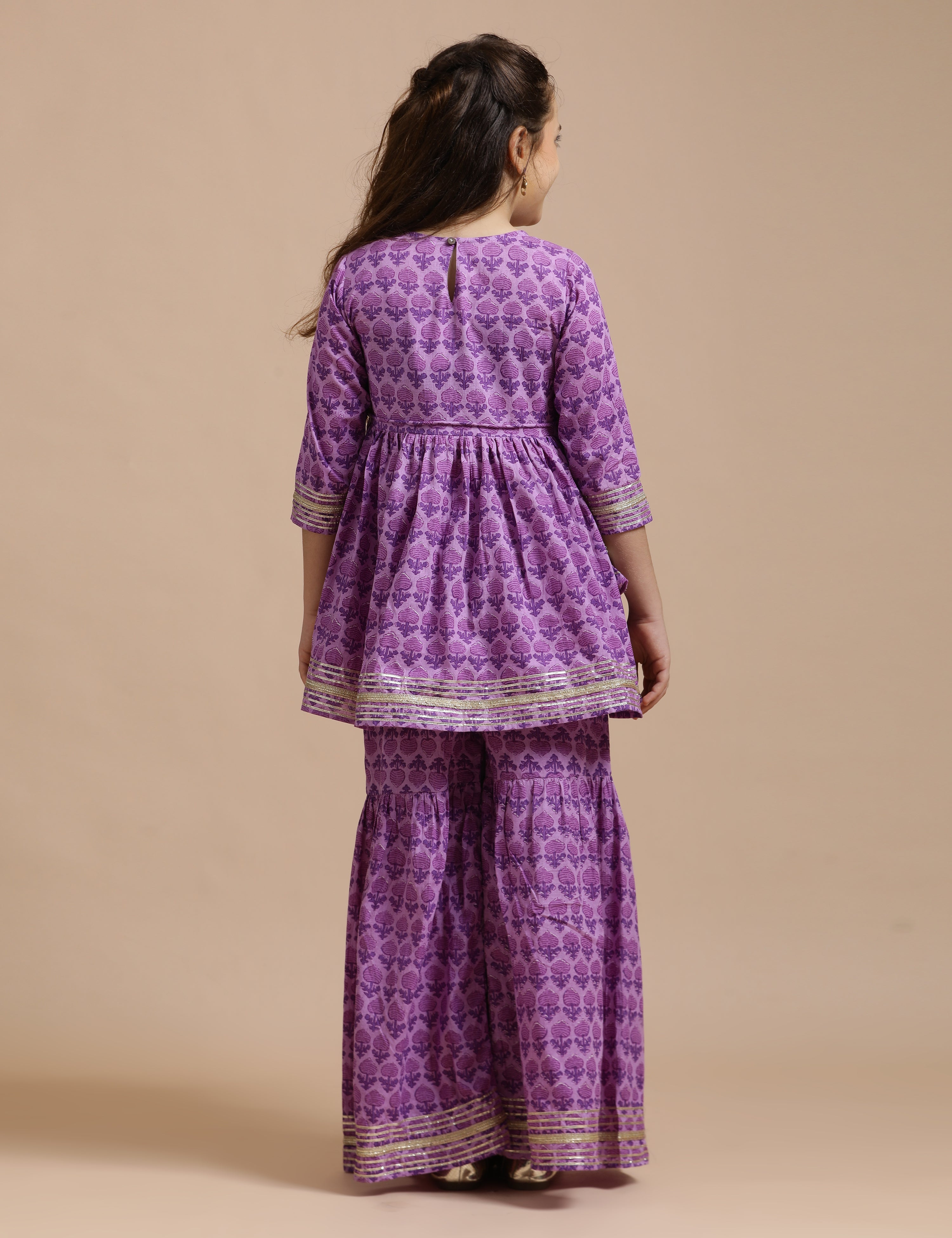 Girls Pure Cotton Floral Embroidered Anarkali Kurta With Sharara