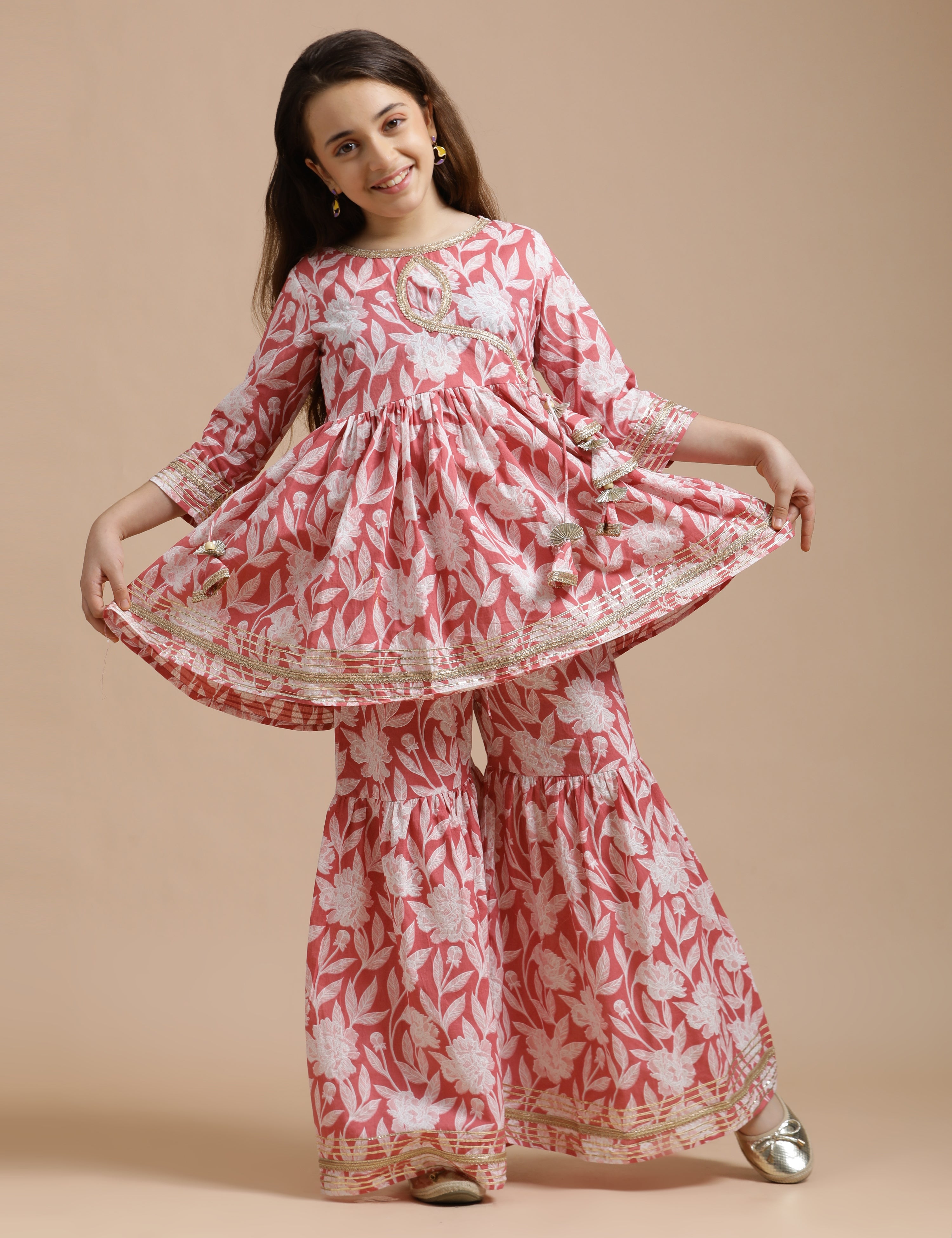 Girls Pure Cotton Floral Embroidered Anarkali Kurta With Sharara