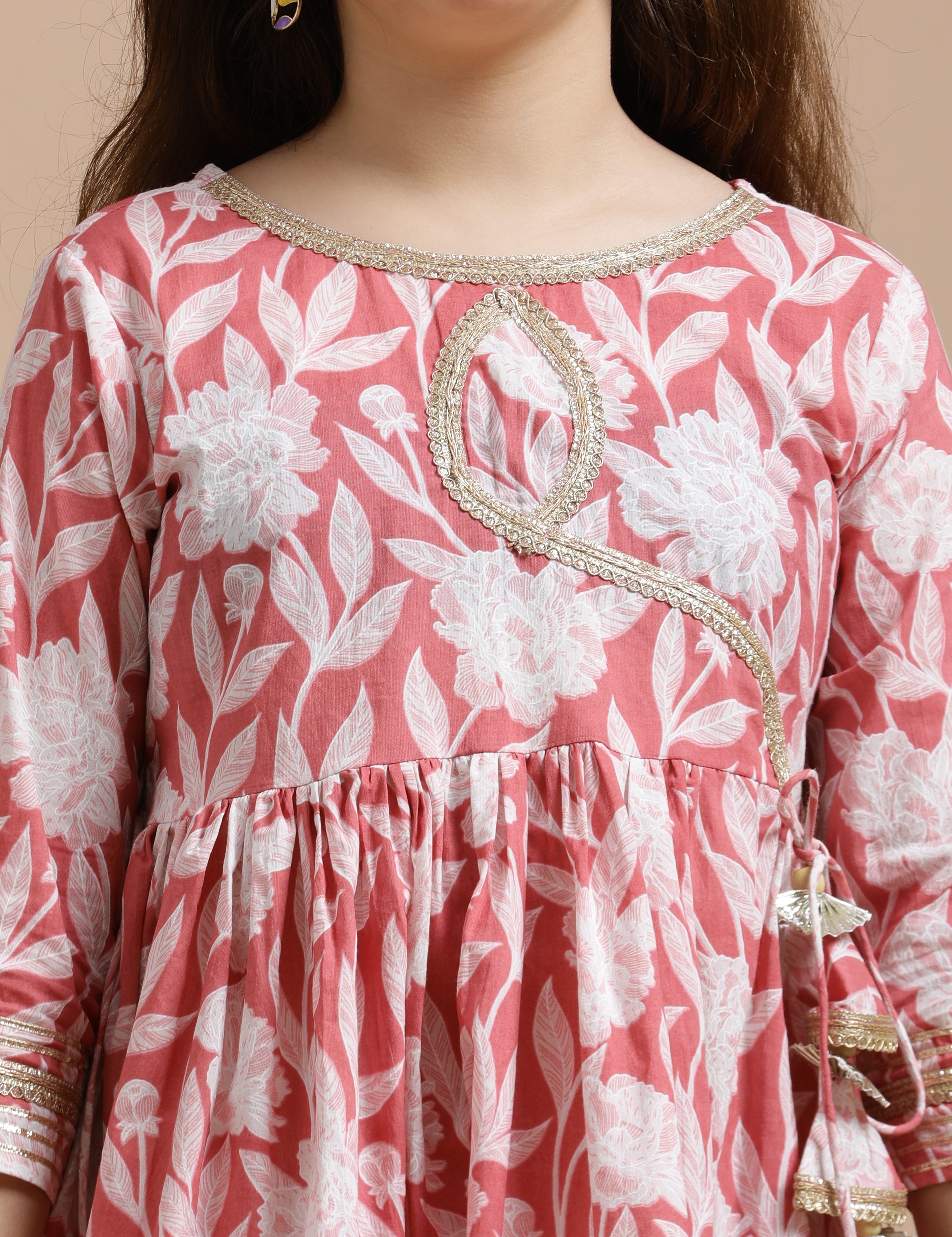 Girls Pure Cotton Floral Embroidered Anarkali Kurta With Sharara