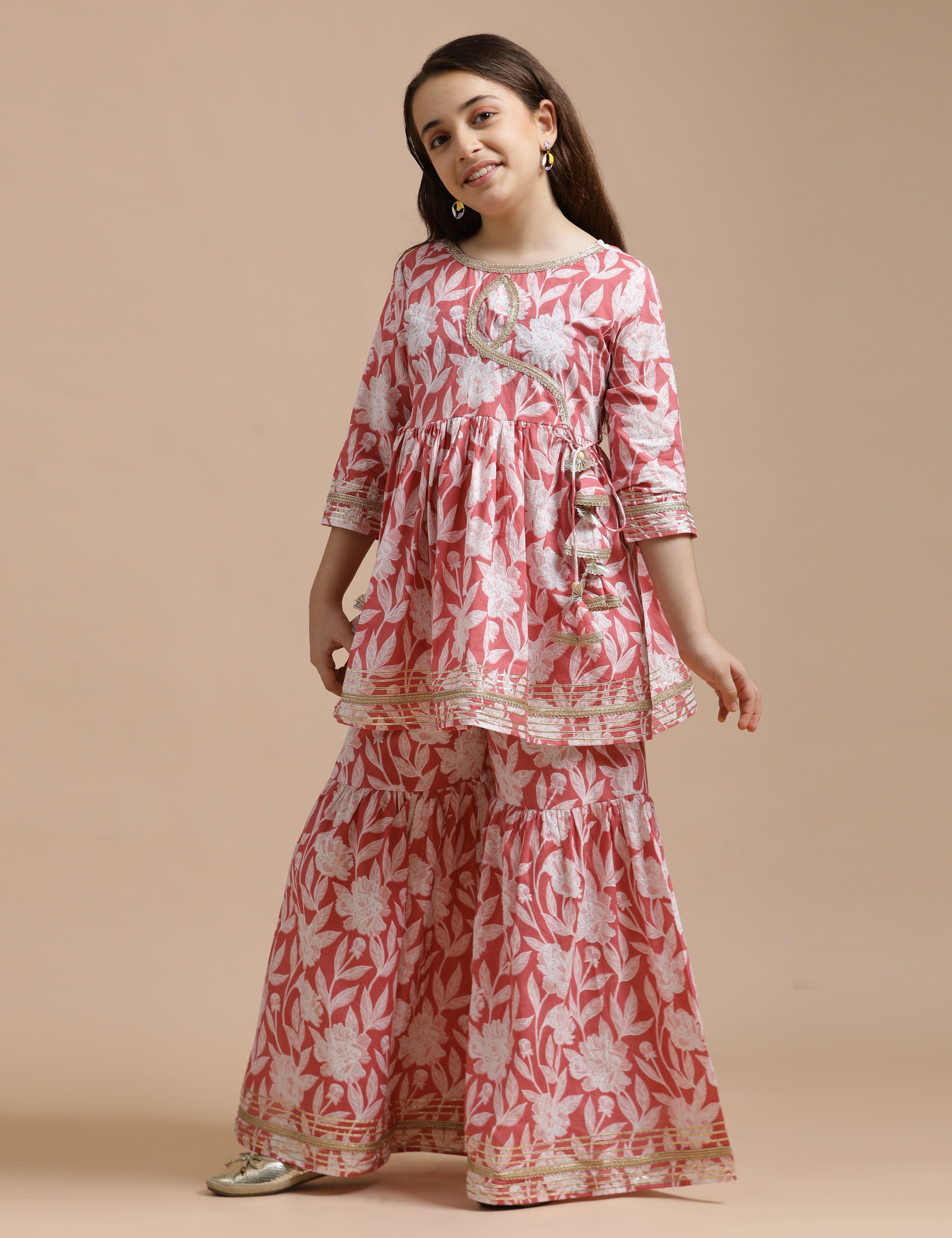 Girls Pure Cotton Floral Embroidered Anarkali Kurta With Sharara