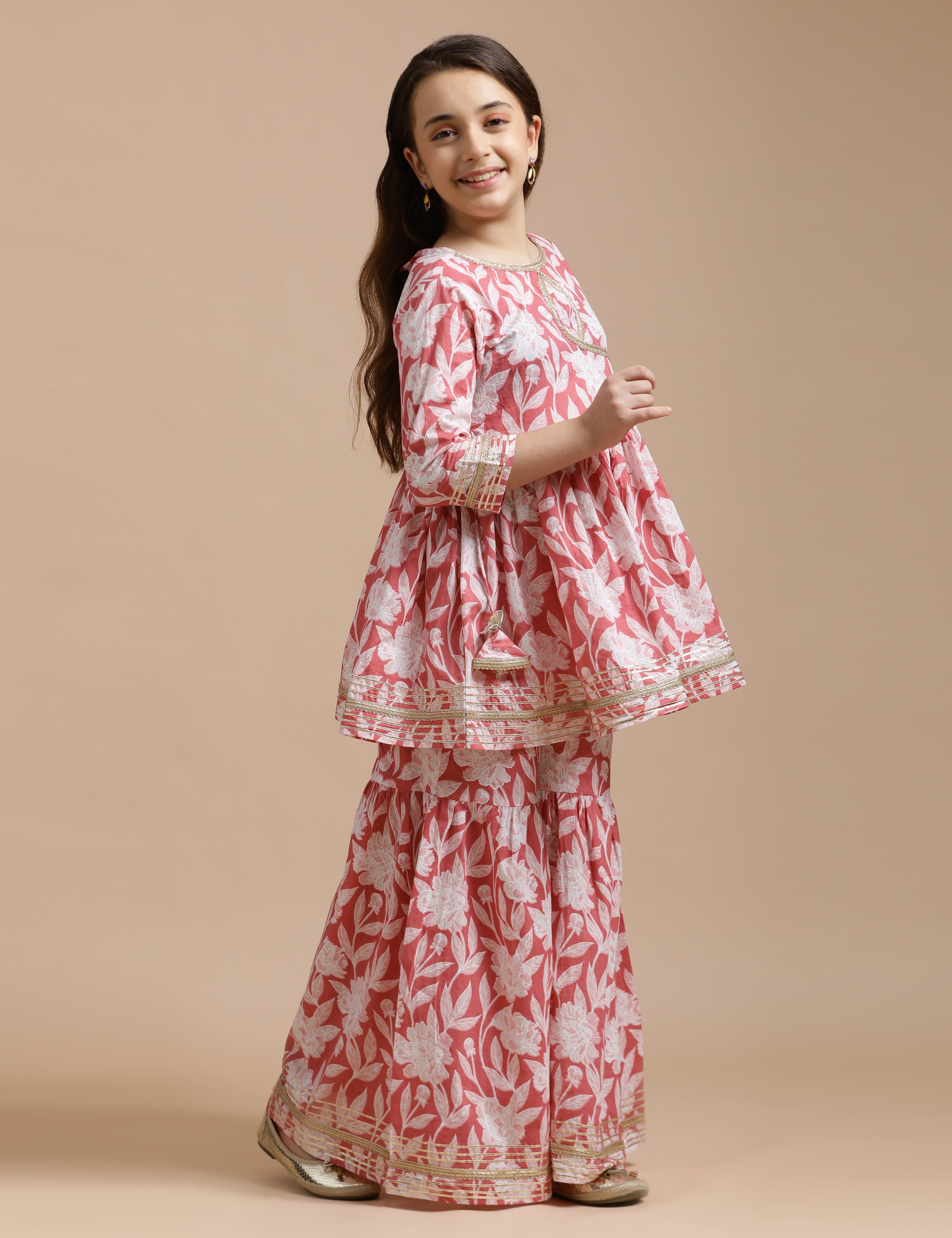 Girls Pure Cotton Floral Embroidered Anarkali Kurta With Sharara