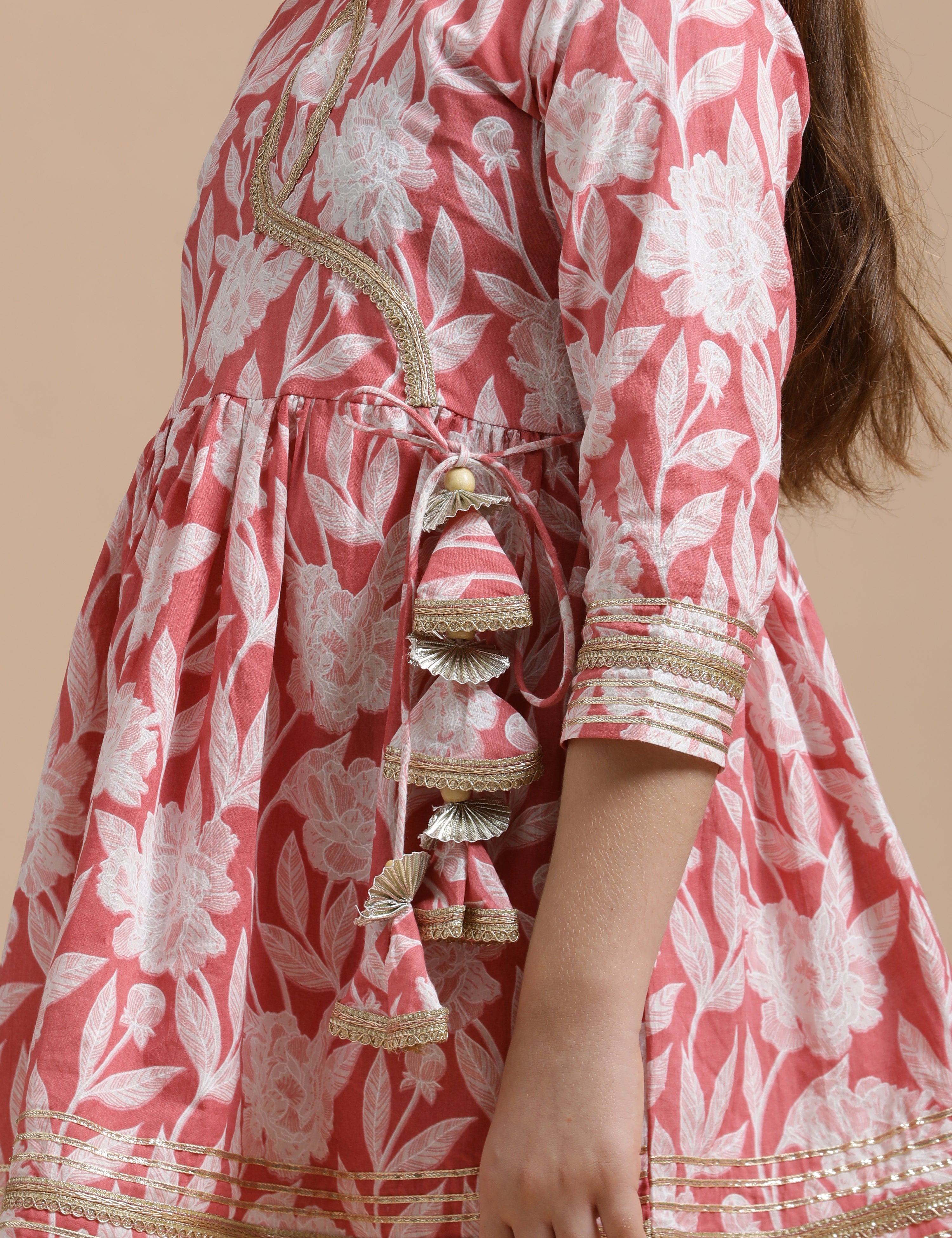 Girls Pure Cotton Floral Embroidered Anarkali Kurta With Sharara