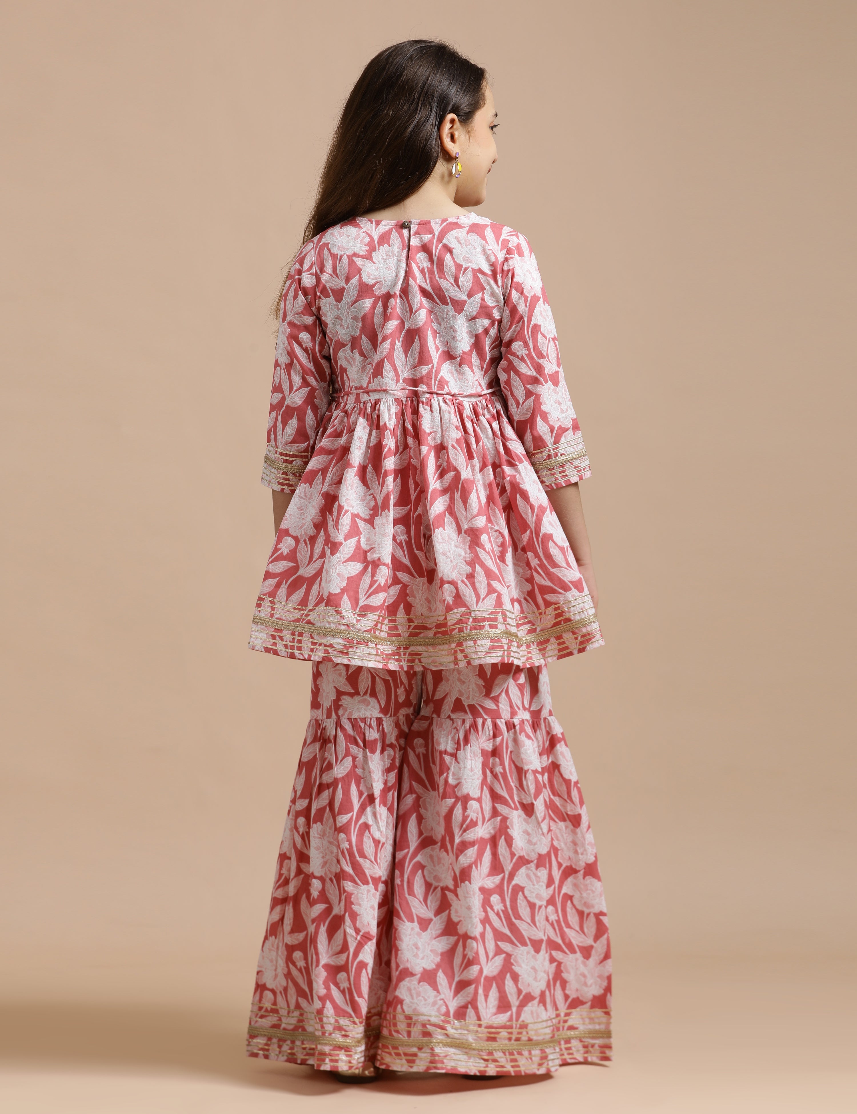 Girls Pure Cotton Floral Embroidered Anarkali Kurta With Sharara